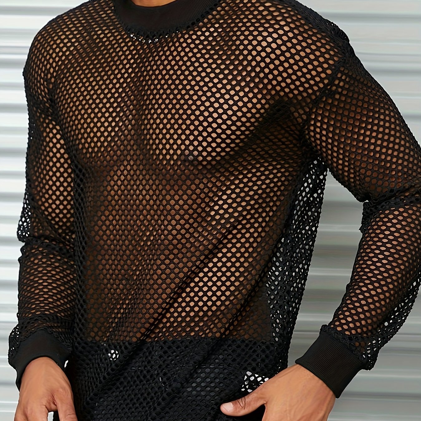 Image of European And -out Fishnet Top Men'-through Base Shirt Mesh Sexy Long Sleeve Stage Performance Costumes
