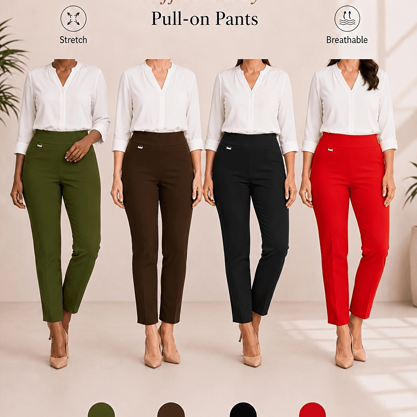 TEMU 4pcs Women's Pull-on Work Pants, Stretchy Breathable Skin- Pants, Smooth Waistband Lightweight Business Casual Pants