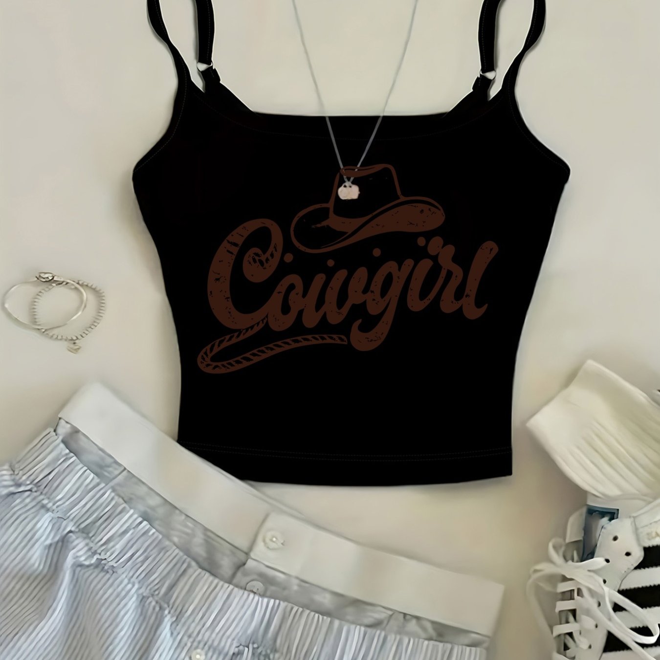 TEMU American Round Neck Cami - Western Cowboy, Cowgirl Pattern, Y2k Retro Hot Adjustable Thin Straps Short Cami Vest, Women's Summer New Sleeveless
