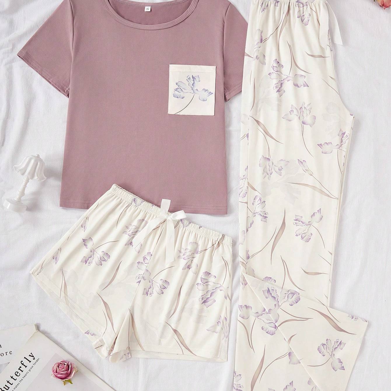 TEMU 3pcs Set Pajamas Women's Combination Short Pants Long Pants Shorts Wear