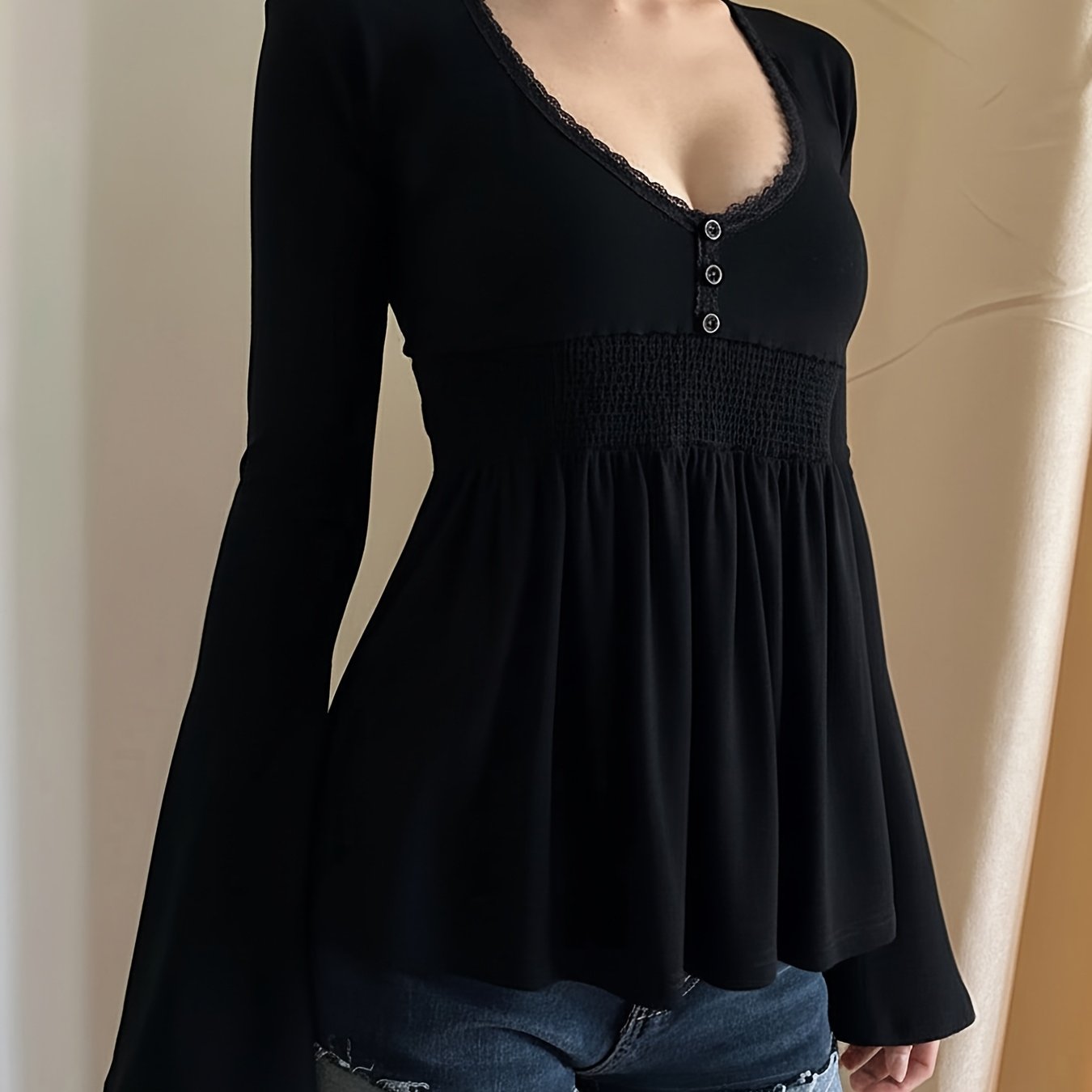 Image of Sassygals Lace Patch Flared Sleeve Long Sleeve T-shirt Top For Women, High-waist Slim Fit Figure-flattering Base Layer Shirt