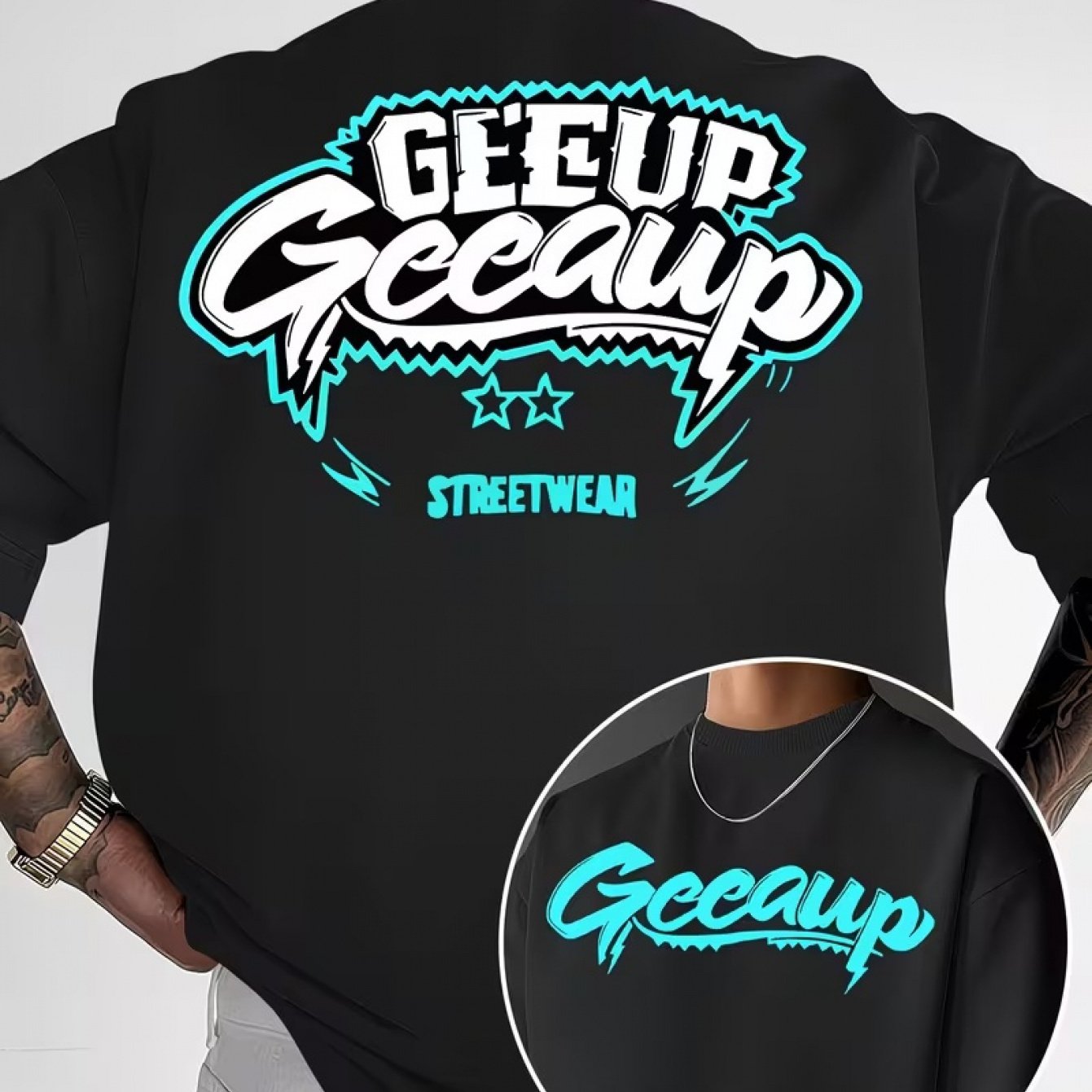 TEMU Men's Neon Fluorescent Greer Letter T-shirt - Short-sleeve Round Neck Streetwear Top With Fluorescent Print, Soft Breathable Polyester Knit