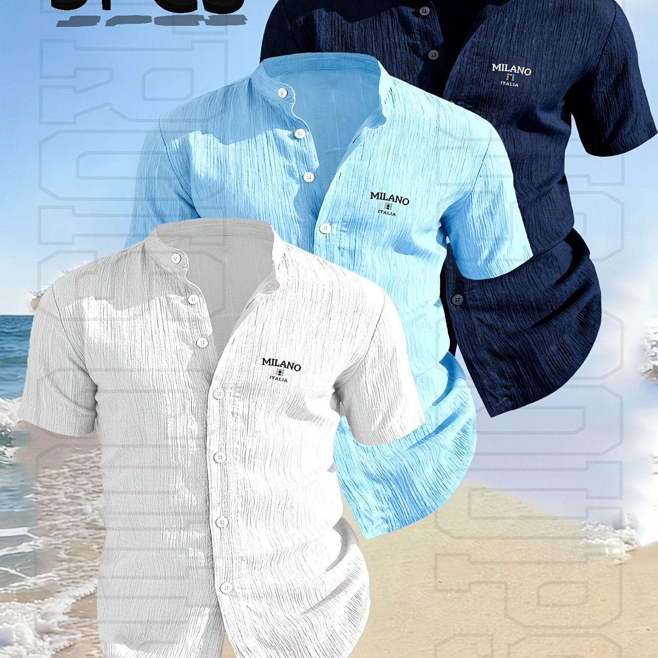 TEMU 3 Pack, New 2026 Men's Apparel, Collar Solid Color Shirt - Geometric Pattern, Spring -quality Men's Short Sleeve Stand Collar Button- Shirt