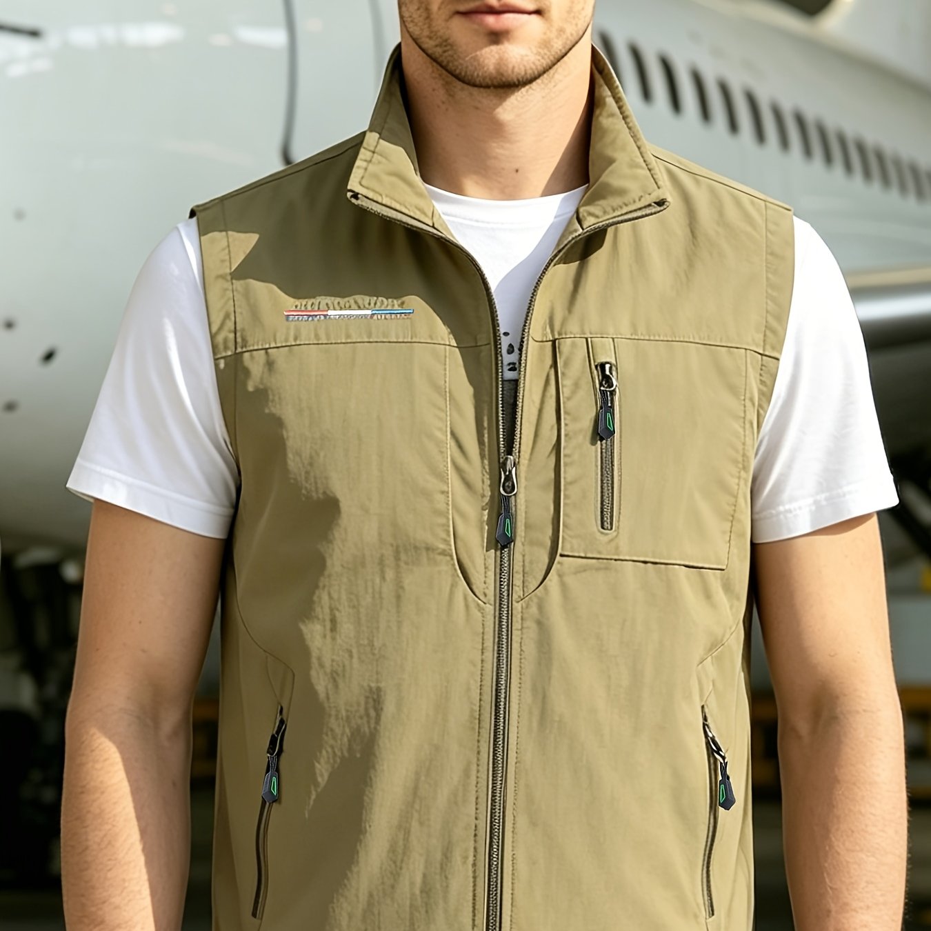 TEMU Spring And Summer Thin Men's Multi-pocket Vest, Classic High Collar Workwear Style, Retro Workwear Windbreaker For Middle-aged Men, Outdoor