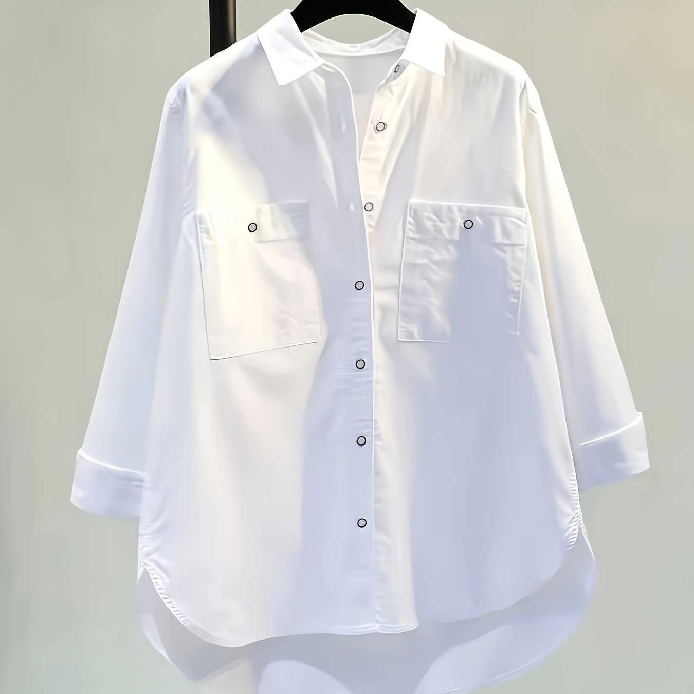 TEMU Women's Loose-fit Versatile Shirt With Dual Pockets, Commuter Lapel Collar, Long Sleeves, And Irregular Hem Cardigan