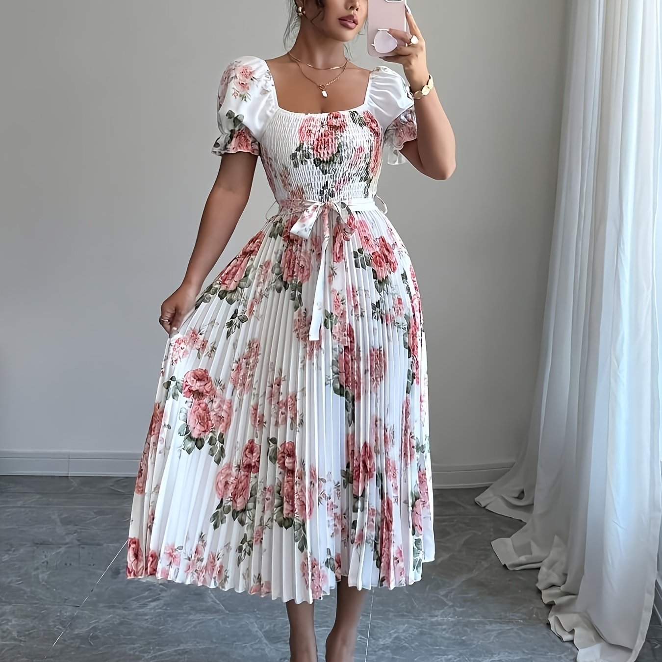 Women's Summer Elegant Floral Print Puff Sleeve Ruched Dress