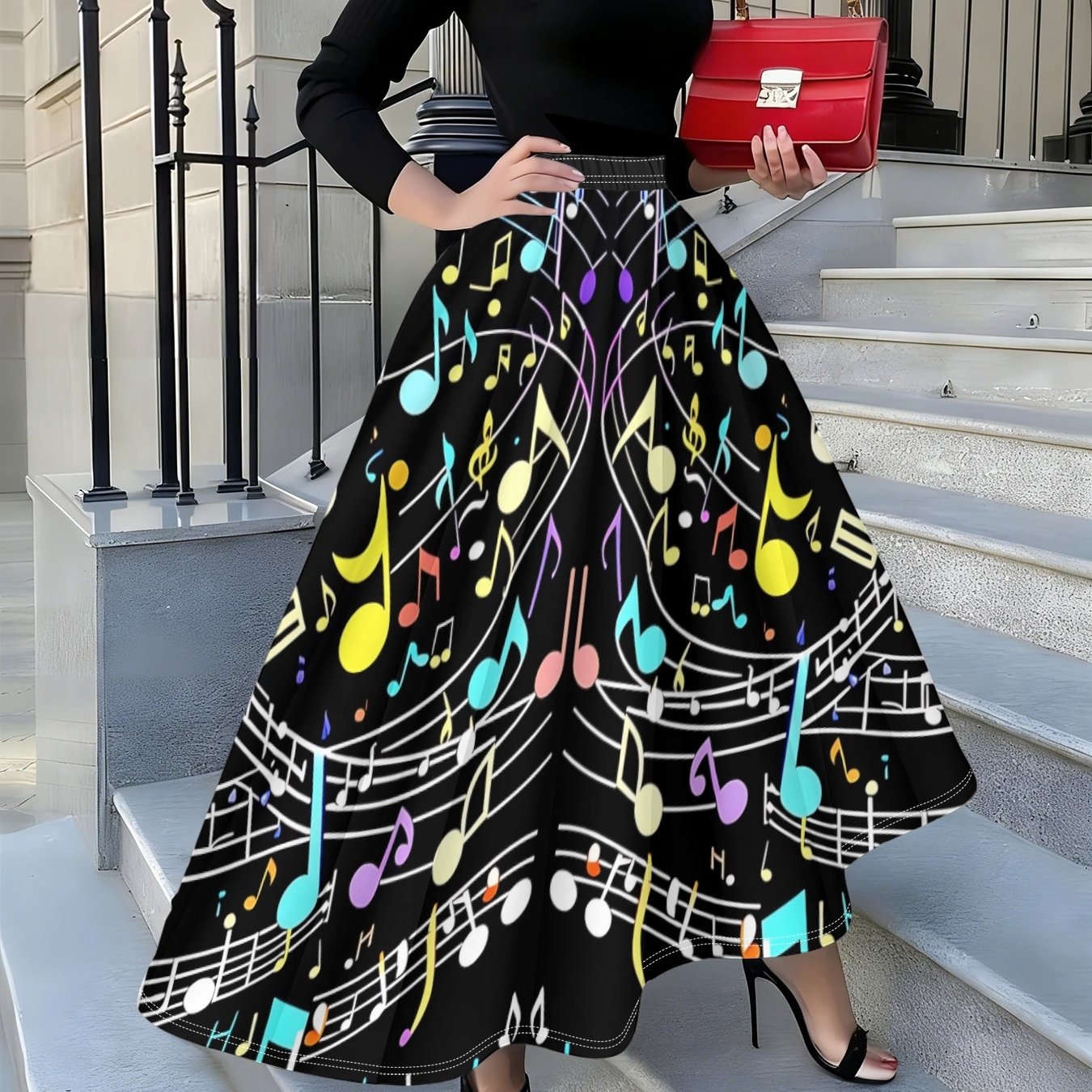 TEMU Music Festival Essential: Colorful Musical Note Maxi Skirt, High-waisted Artistic Midi Skirt, Staff Notes Print Dress, Vintage Artistic A-line