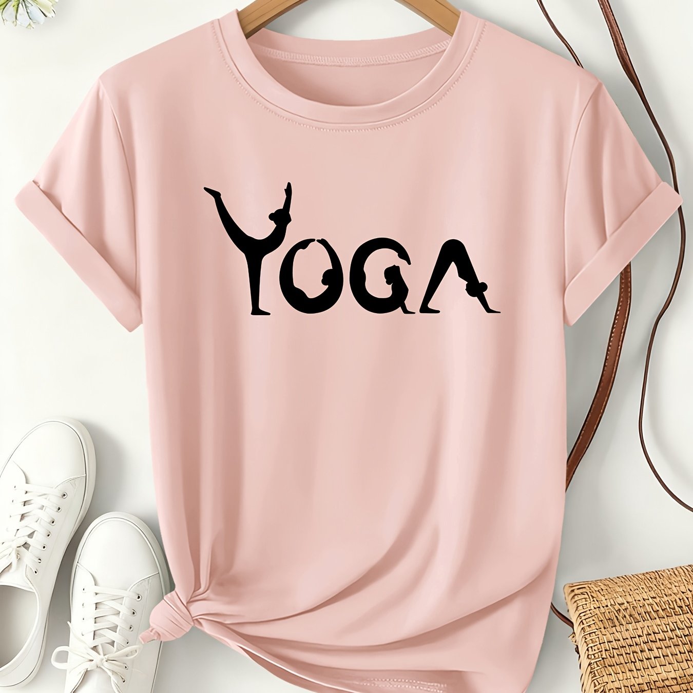 TEMU Yoga Action Letter Print Women's T-shirt 2026 Spring/summer Short Sleeve Yoga Daily Wear Loose Letter Theme Fashion Versatile Design Women's