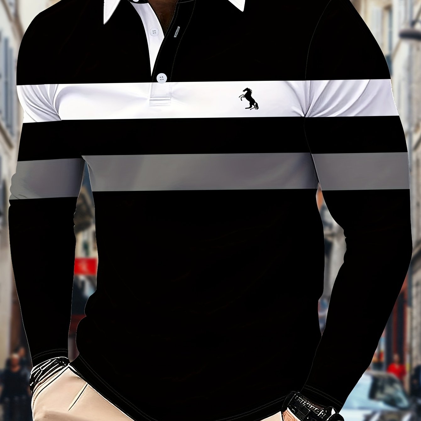 TEMU Men's Long-sleeve Shirt With Contrast Color Block Theme, Lapel Collar, 3d , Daily Stripe Pattern, Suitable For All Adult Men And Teenage Boys,