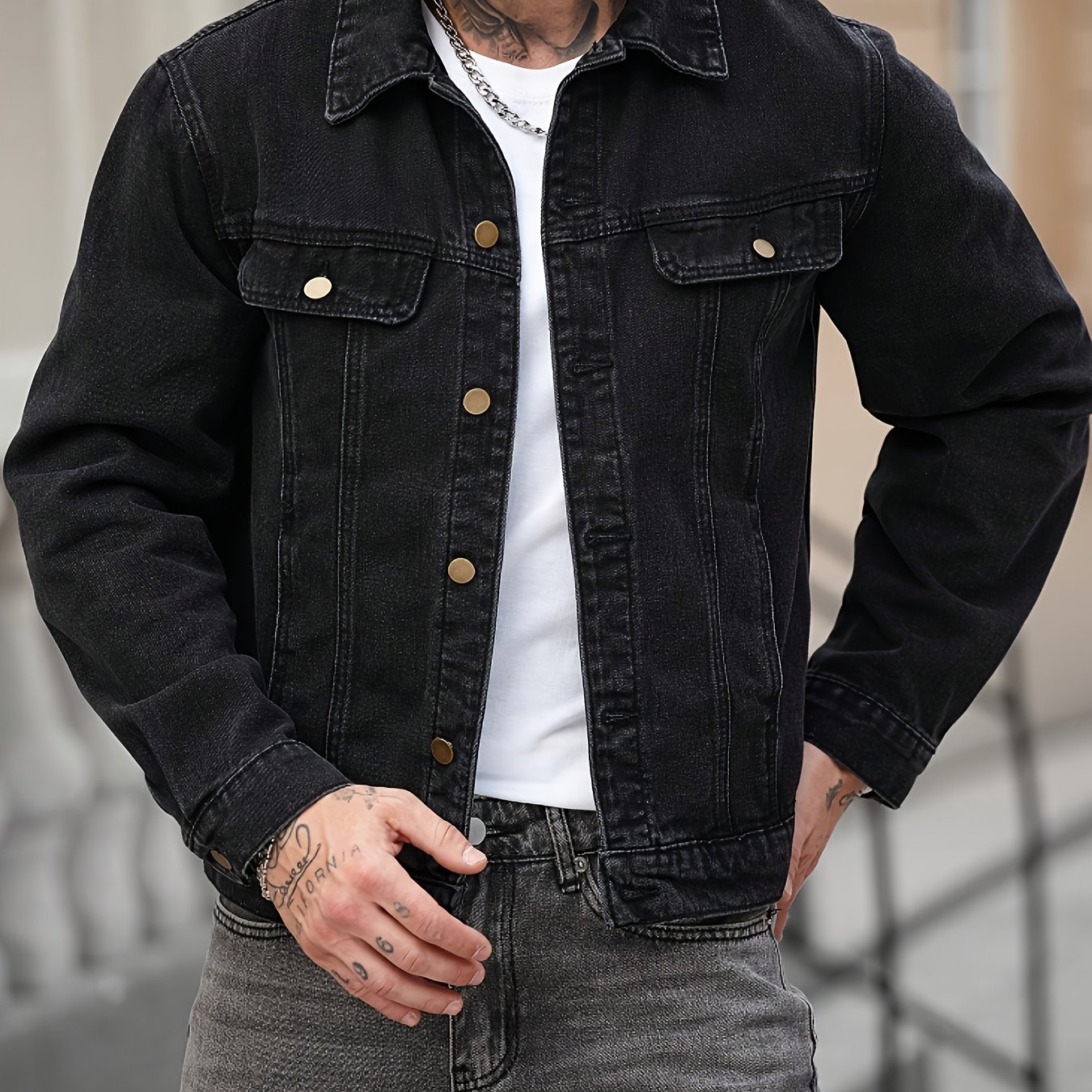 Image of [hme]amekaji Retro Denim Jacket Slim-fit Flight Style, Heavy Washed -gray, 3d Tailored Lapel Collar, Button-front Closure. Non-stretch Breathable Machine-washable Fabric, Stylish& Versatile