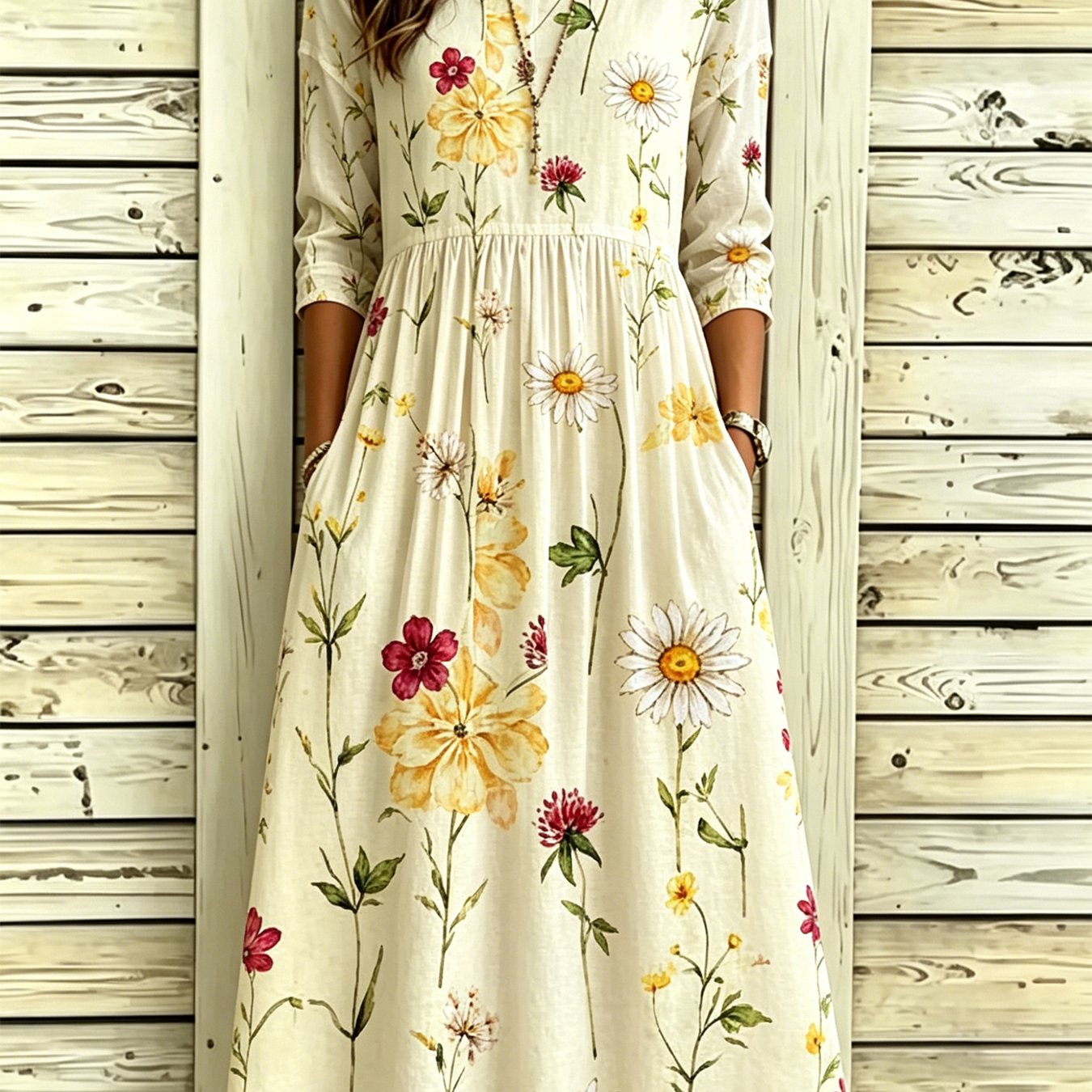 Women's Casual 3/4 Sleeve Midi Dress With Floral Prints, Round Neck A-line Dress With Pockets For Elegant Wear