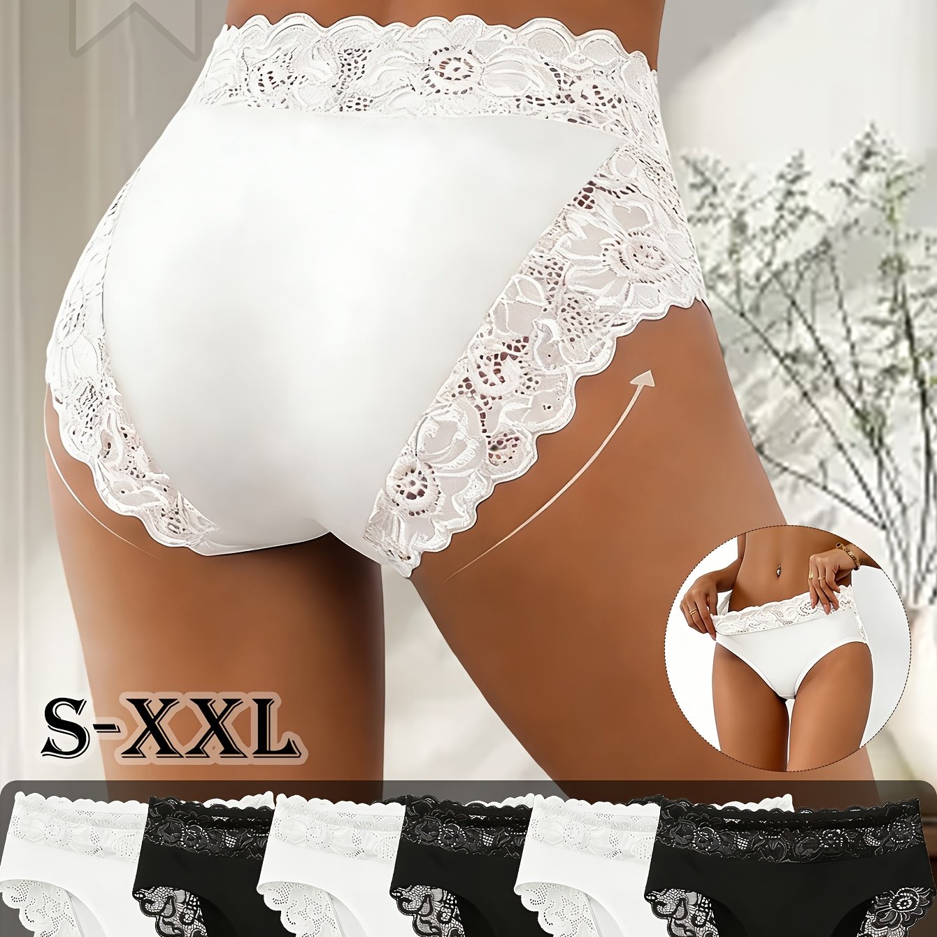 Image of 6pcs Women's Elegant Lace Panel Triangle Panties - Breathable Mid-rise Bikini, Style, Solid Color, Comfortable Fashion, Daily Underwear | Elegant Lace Detail | Wear