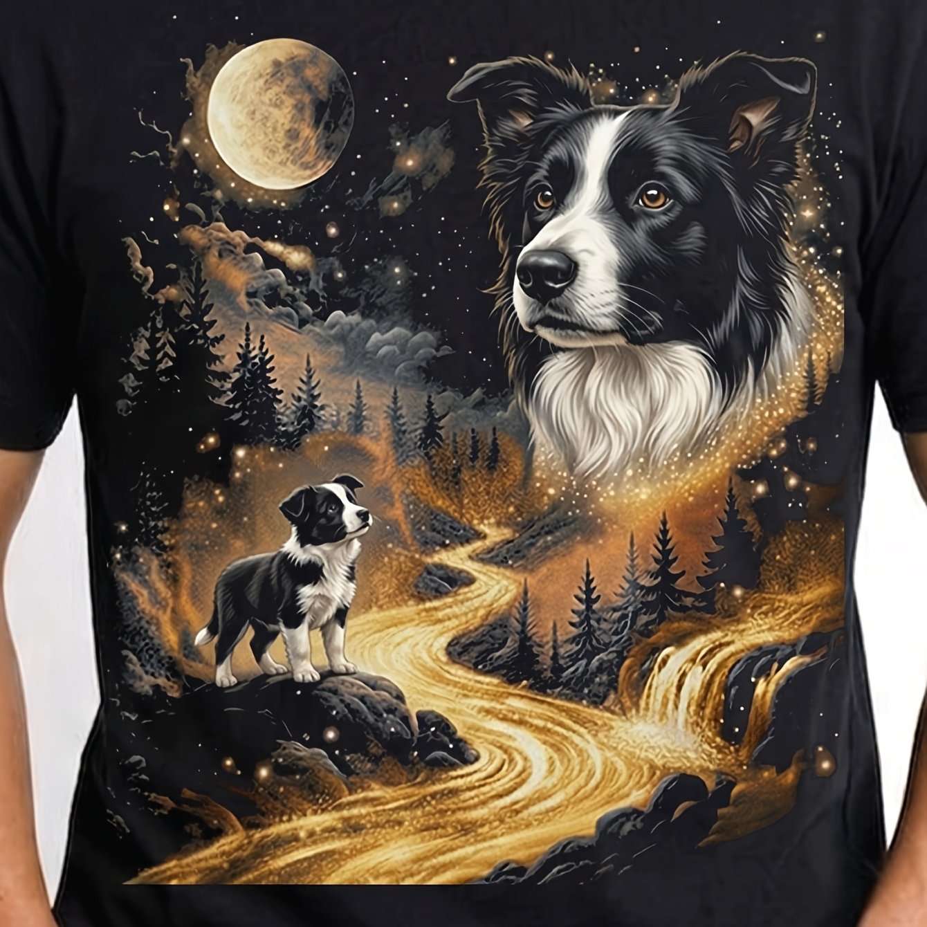 Image of Border Collie At The Moon Retro Animal Vintage 90s Active Dog Graphic Tee Retro Wilderness Style Camping Hiking Attire Gift For Men Mens Tshirt 180g Cotton Round Neck