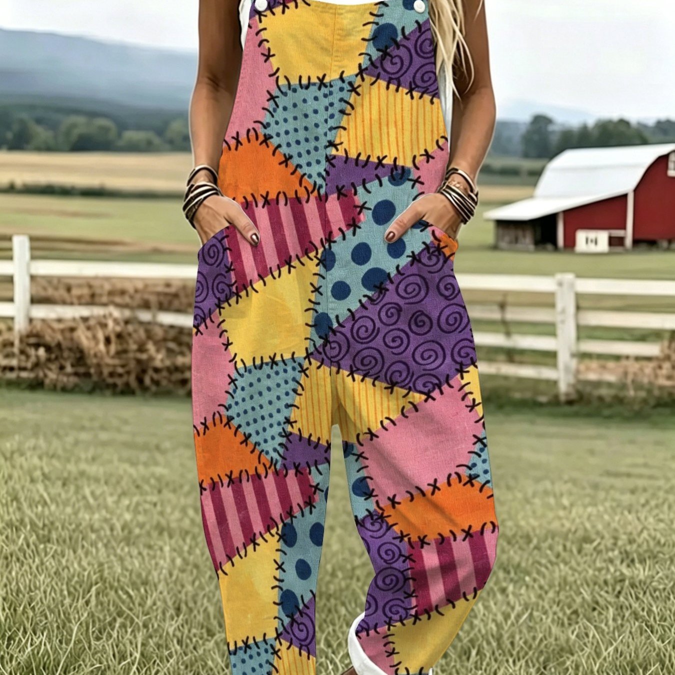 TEMU Women's Casual Overalls With Vintage Print (polka Dots, Stripes, And Swirls), Stylish Sleeveless Button-front Design, And Pockets; Loose Fit,
