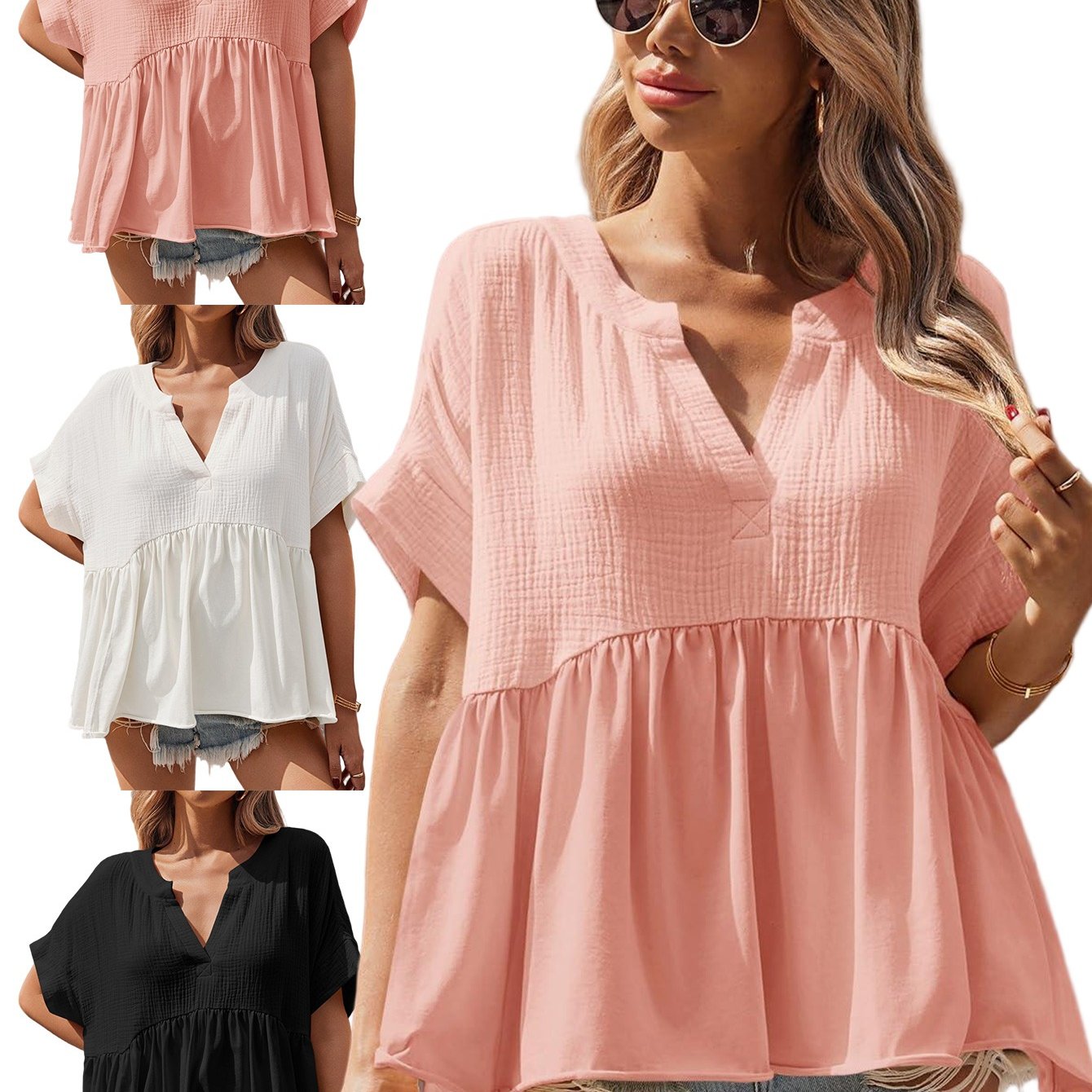Image of Womens Summer Babydoll Tops V Neck Short Sleeve Pleated Flowy Shirts Casual Loose Fit Peplum Blouse