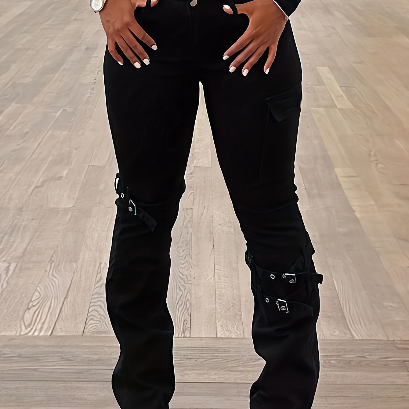 Image of Garter Decor, , Side Flap, Pocket, Stretch Cargo Jeans, Women's Jeans And Clothing