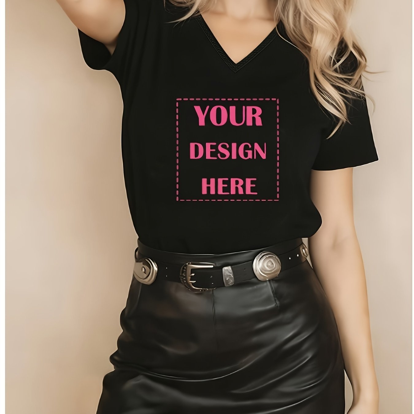 TEMU Custom Printed Spring/summer New Arrival Women's V-neck Short Sleeve T-shirt, Women's Top, Custom Front Logo, Text, Photo, Personalized Women's