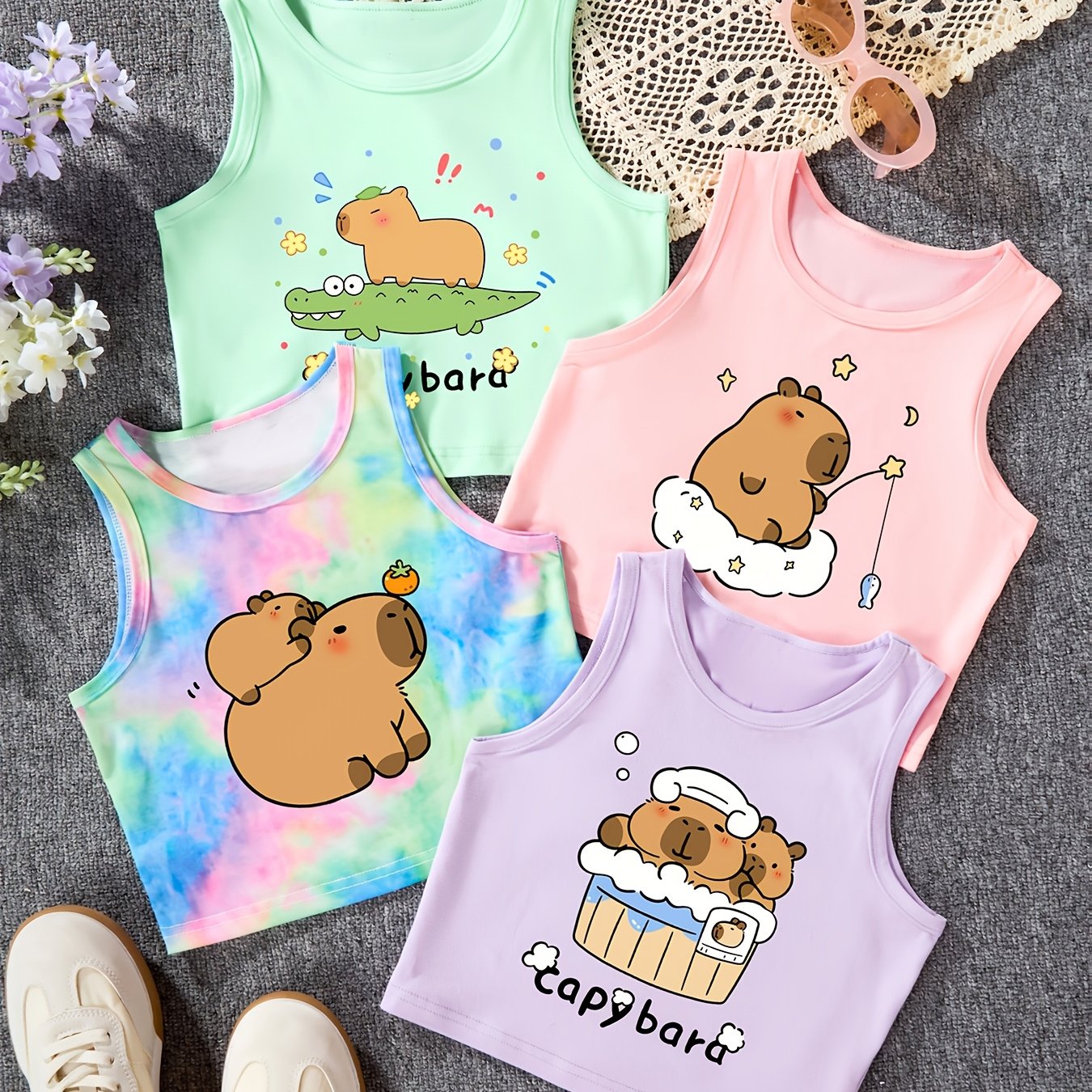 TEMU P8476(g16) 4pcs Capybara And Crocodile Girls' And Big Girls' Fashionable Round Neck Vest Set, Vest Tank Tops For Layering, Outdoor 4pcs Set