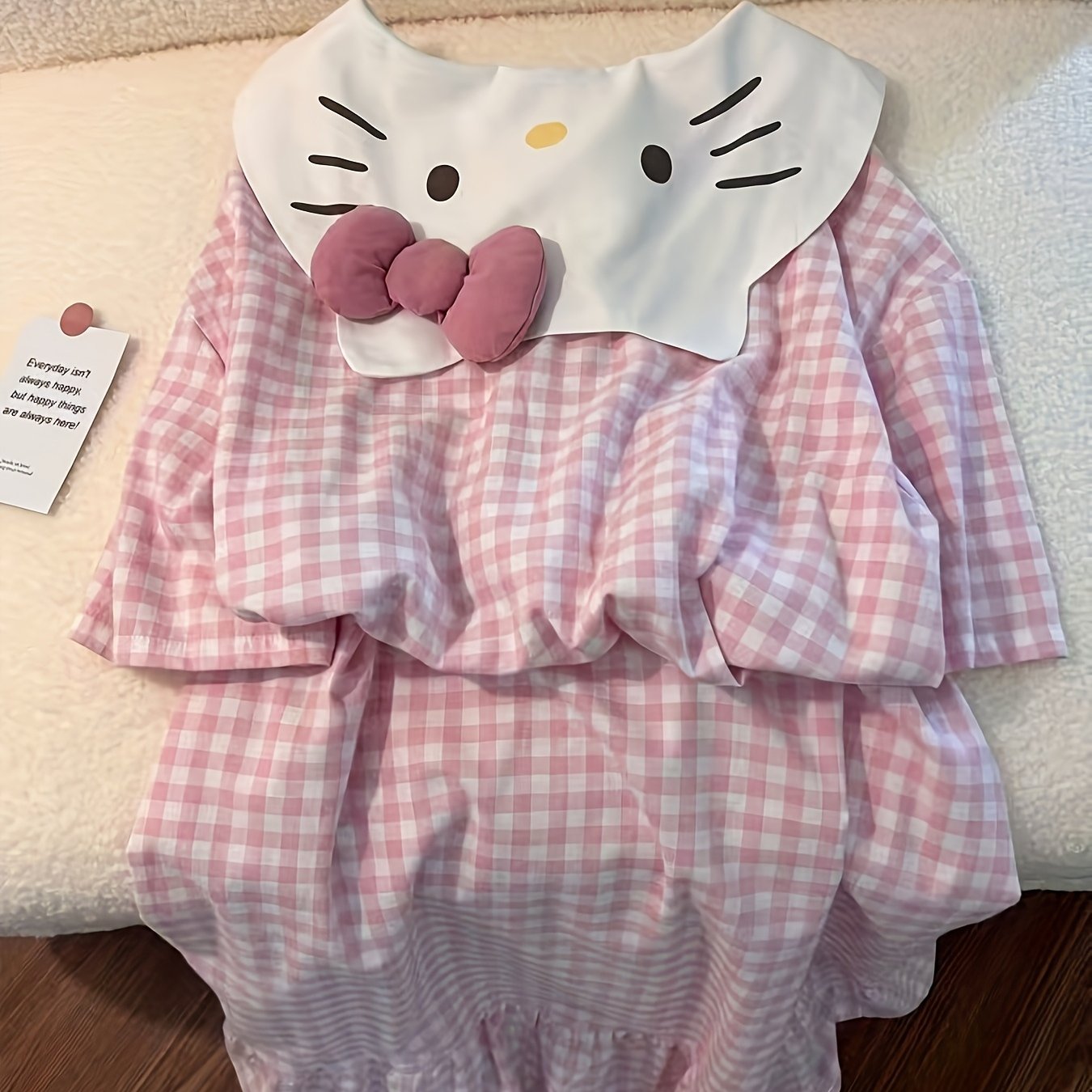 Image of 1pc Officially Licensed Pink Plaid Hello Kitty Nightgown Dress, New Cute Cartoon Style Home Nightgown, Suitable For Birthday Gifts