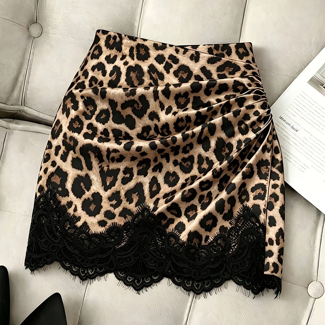 TEMU Women's Elegant Black Lace Short Skirt, Fashionable Party Skirt, Brown Leopard Print Mini Skirt, Autumn, Bottom Wear, , Date, Vacation, Designer