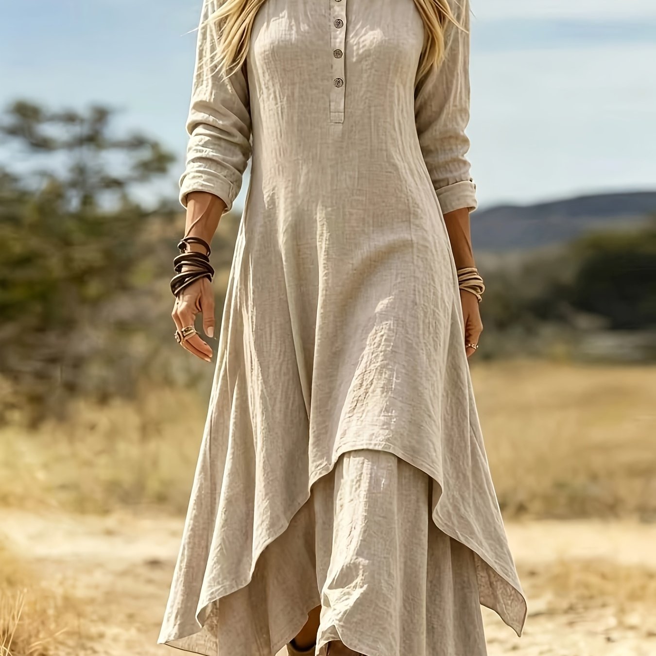 TEMU Women's Elegant Solid Color Maxi Dress With Double-layer Asymmetrical Hem & Half-open Front Round Neck Long Sleeve Dress - Vintage Suitable For