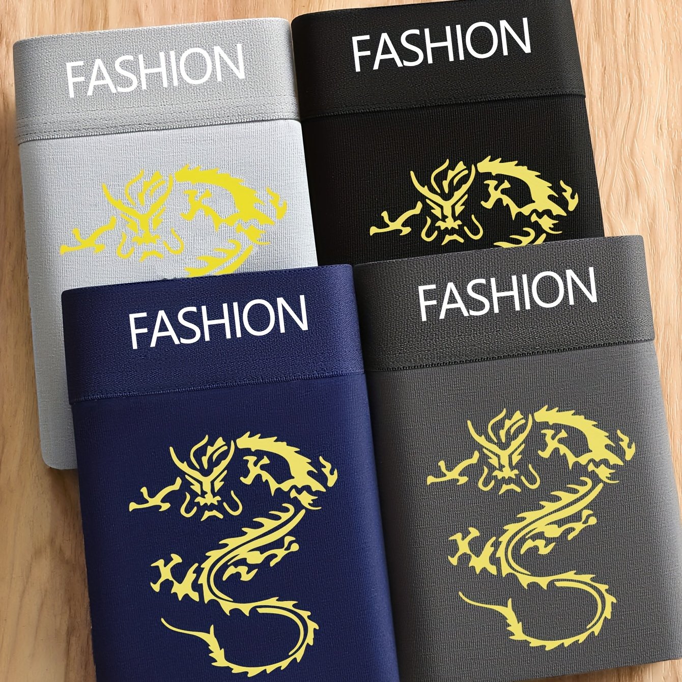 TEMU 4pcs Dragon Pattern Men's Underwear - Breathable, Comfortable, Elastic Flat-crotch Underwear, Suitable For Casual Sports - Soft, Quick-drying