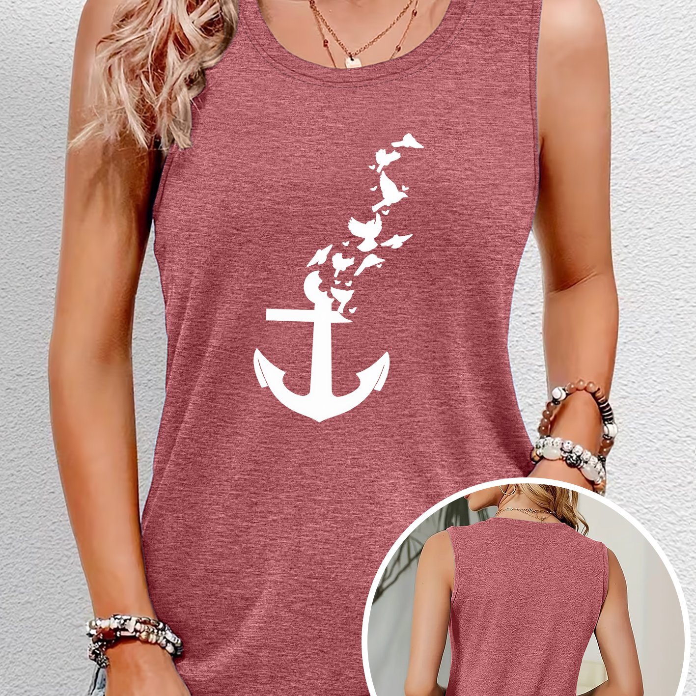 TEMU Women's Elegant Style Vest, Anchor And Bird Print Pattern Round Neck Comfortable Soft Breathable Summer , Fashion Vacation Daily Versatile Retro