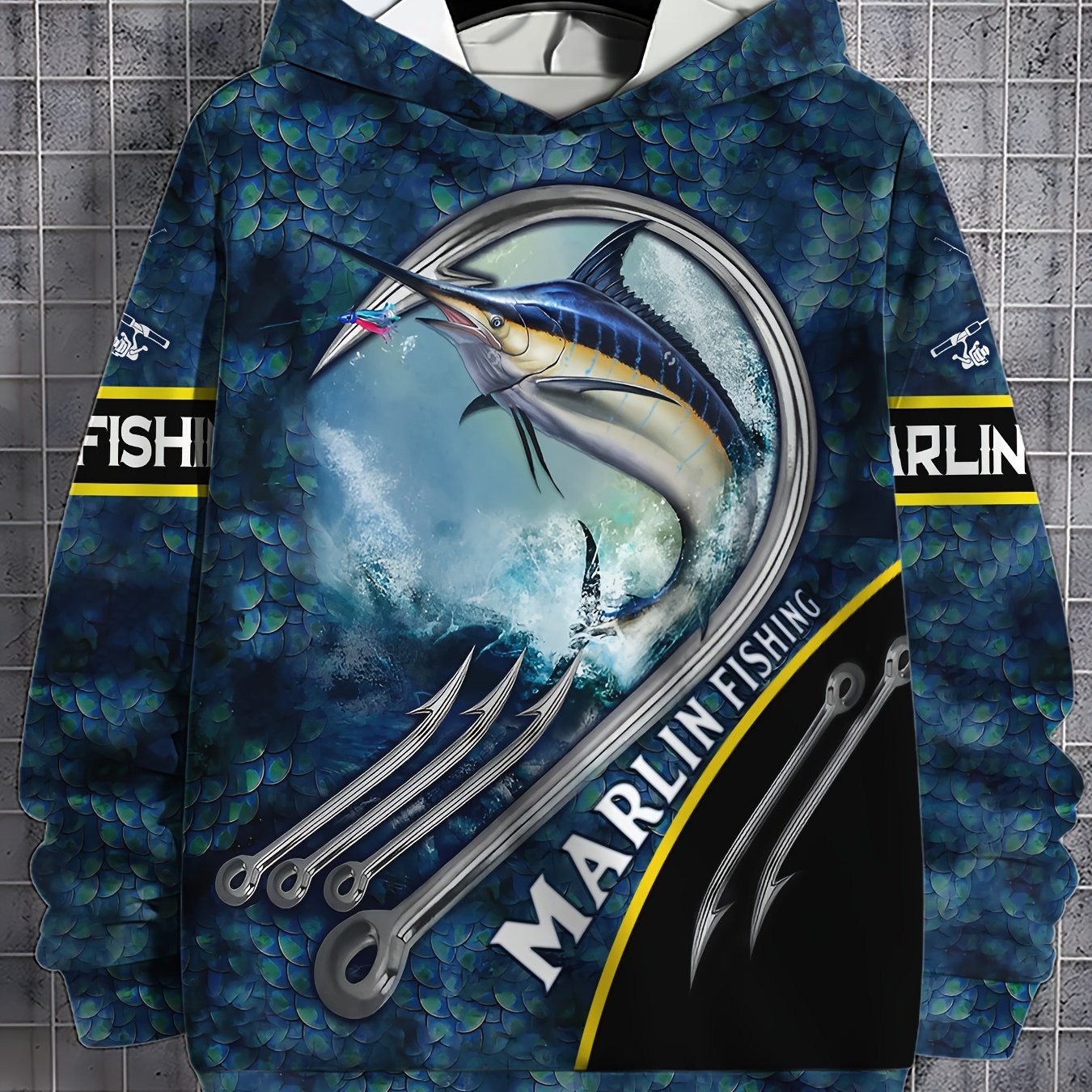 TEMU 1pc Men' Hoodie With Fishing Print, Casual Pullover Hooded Sweatshirt, Streetwear Style, Knitted Polyester Fabric, Long Sleeve, Regular Fit For Spring And Fall, Ideal Gift