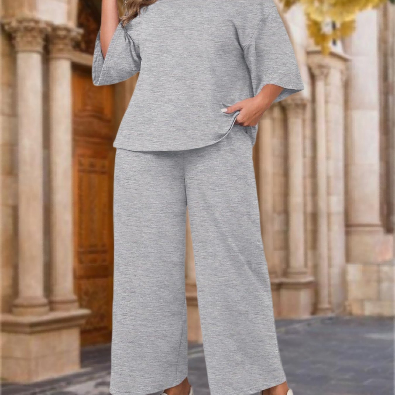 Image of Plus Size Two-piece Outfit For Women Featuring -quarter Sleeve Top And Wide-leg Trousers, Perfect For Spring And Summer