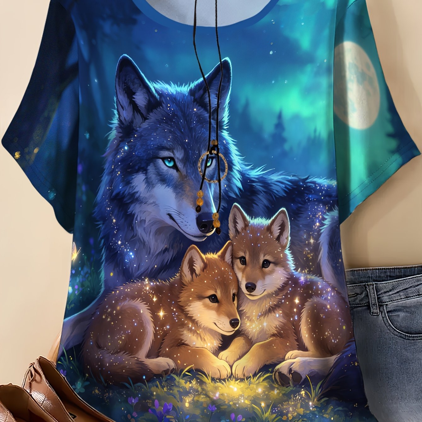 TEMU Plus Size - Plus Size - Plus Size Women's T-shirt, Pattern Print, Round Neck Short Sleeve Summer Top, Wolf Mother And Cub Print, Casual Outdoor