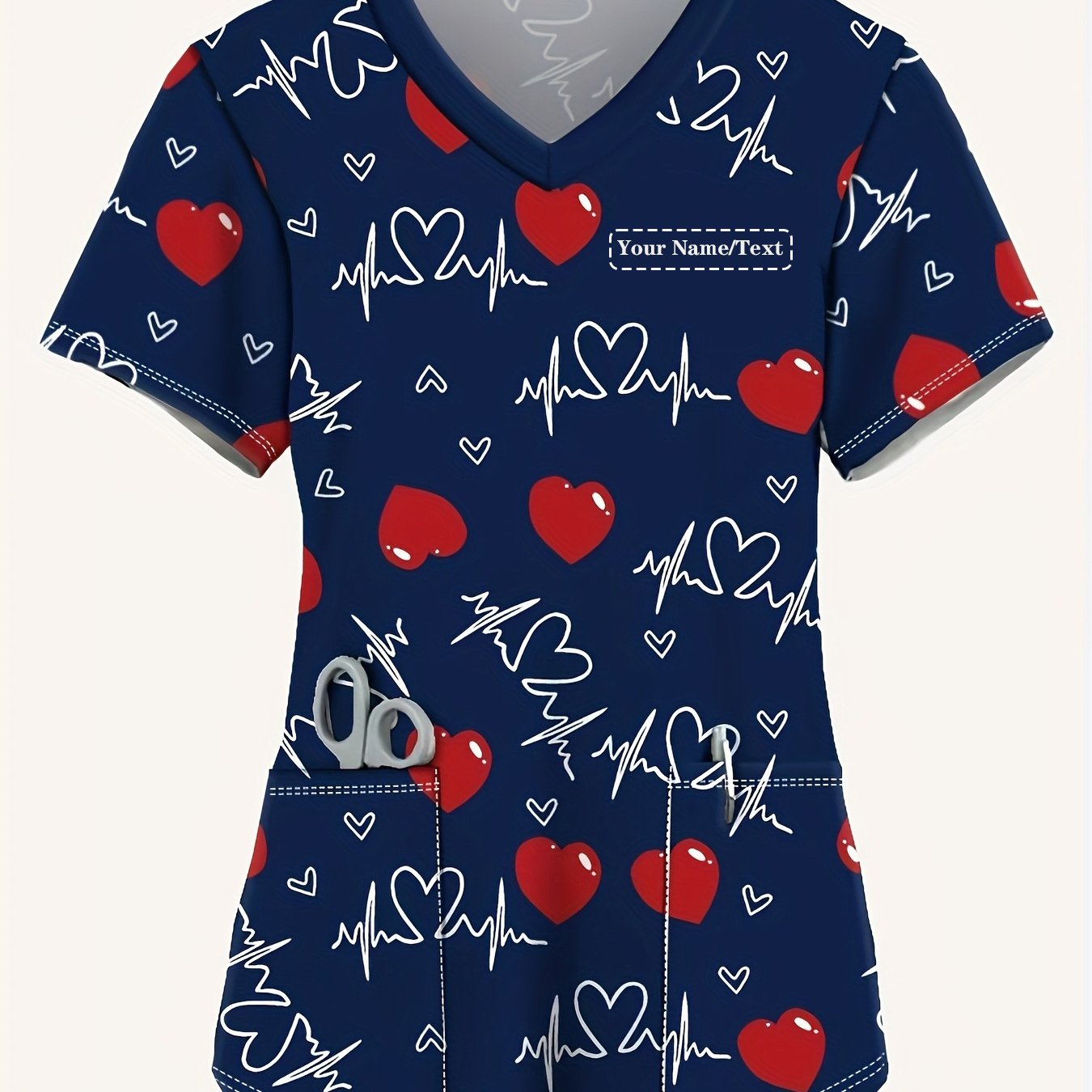 TEMU Custom Name Women's Stylish Short-sleeve V-neck Top| Black Heart Print Nurse Uniform With Pockets