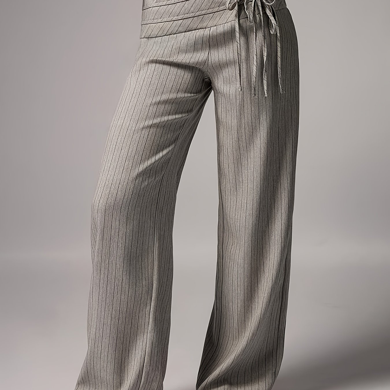 TEMU Pantaloni Maxi a Vita Bassa a Larga a Righe con Legaccio Decorativo in Vita, Pantaloni da Abito Minimalisti Eleganti da Pendolare Casual a e