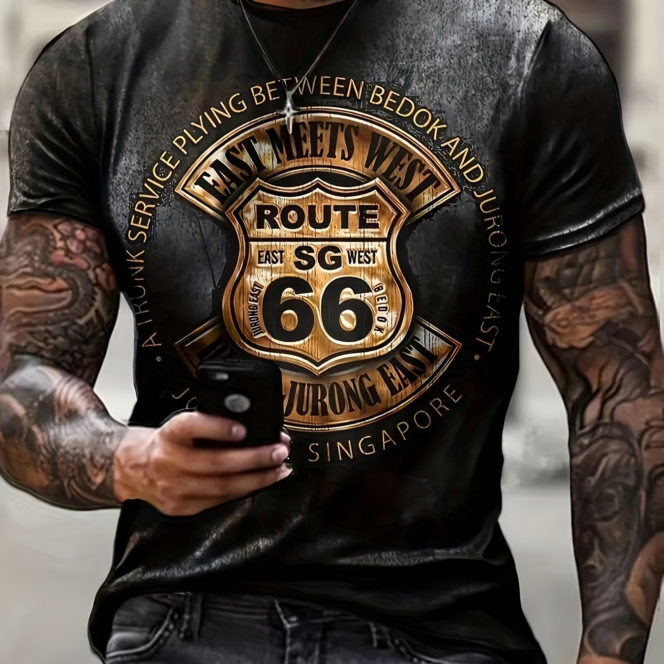 TEMU Men's Vintage Route 66 Graphic T-shirt- Black Casual Short Sleeve T-shirt With , Summer Outdoor Streetwear, Crew Neck, Regular Fit, Streetwear