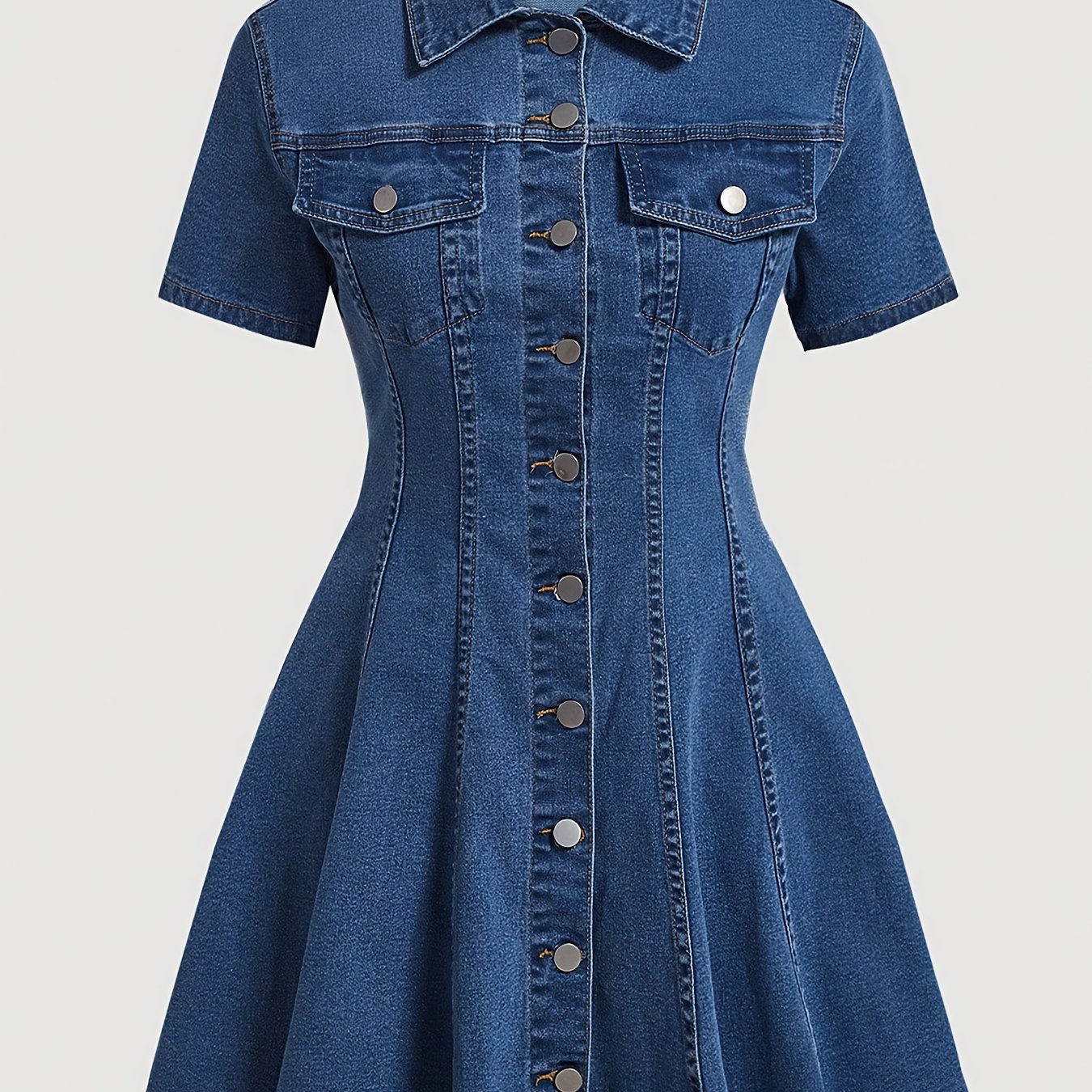 TEMU Vintage Short Sleeve Button Front Denim Mini Dress, Single Breasted High Waist Swing Skirt, Slim Fit A Line Jean Dress, Women's Summer Casual