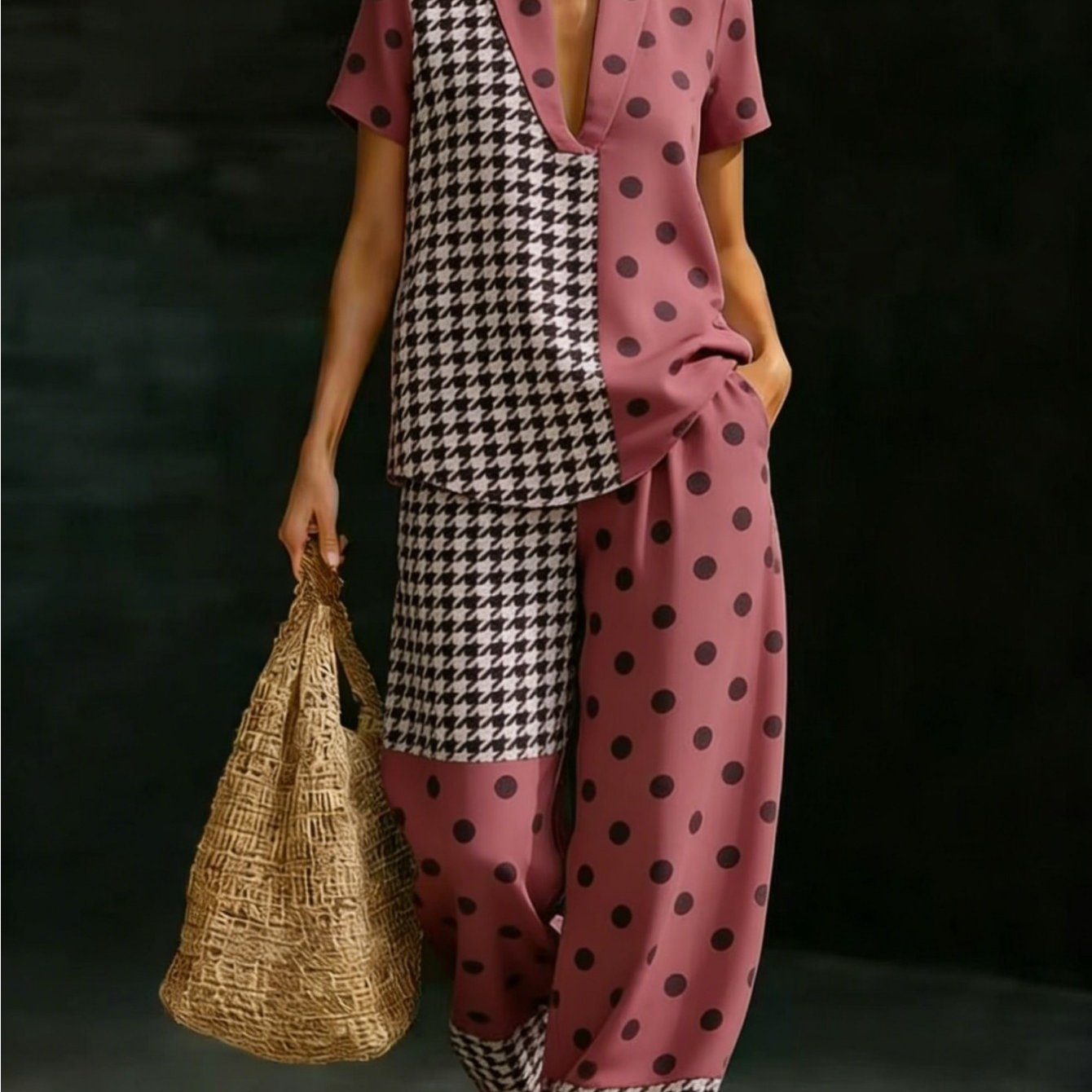 Image of Plus Size - Summer Women'-piece Set Plus Size Women's Set Polka Dot Print V-neck Short Sleeve Top And Wide Leg Pants Casual Vacation Outfit