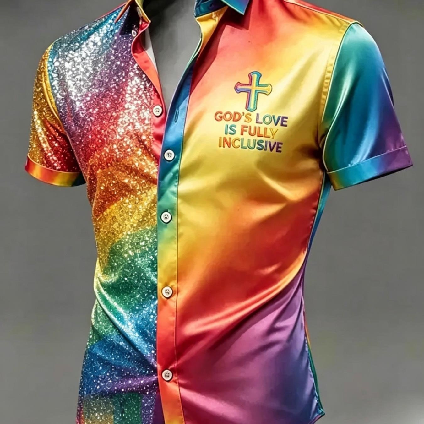 Image of Men' Gradient Sequin Cross Print Short Sleeve Shirt - Full-body Shimmer Collar Suitable For Daily Wear, Dating, Outdoor & Gifts, Breathable Machine Washable Streetwear Top