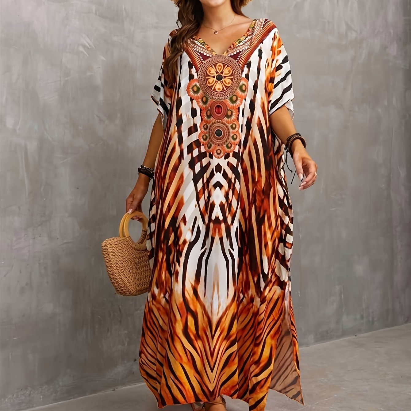 Image of 26ss Women's Bohemian -up Dress, V-neck Long Slit Hem Pullover Loose Beach Robe For Casual