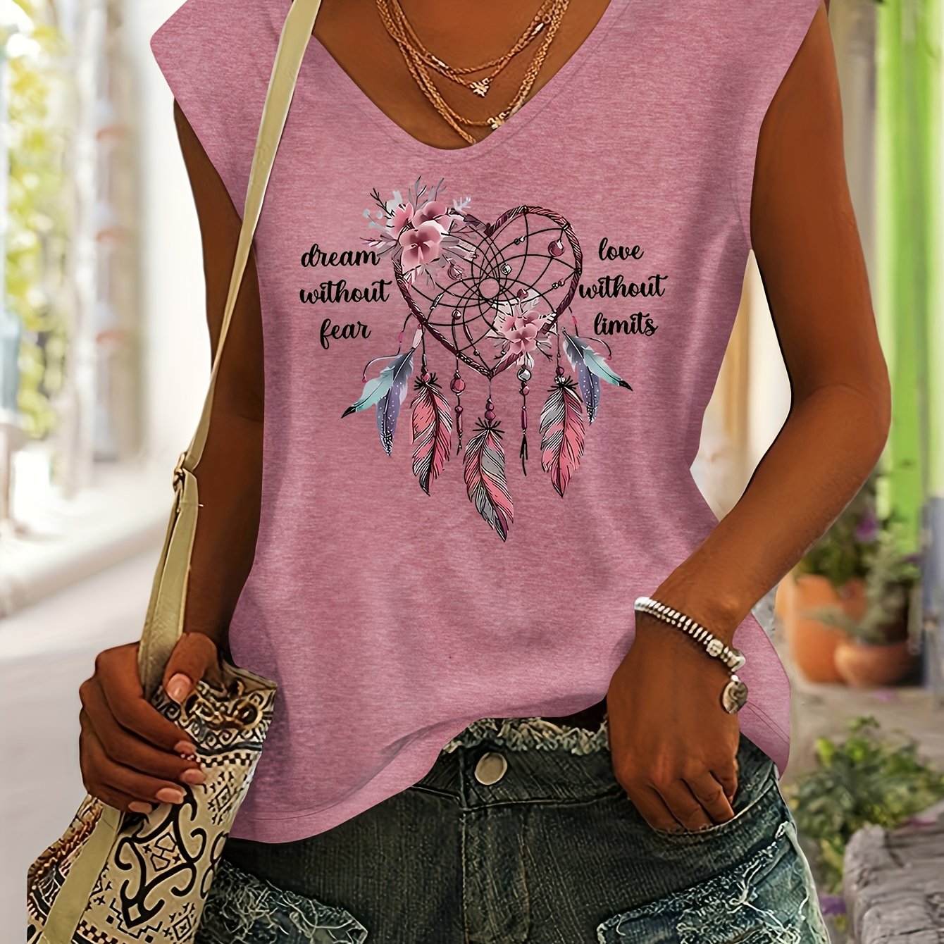 TEMU Women's Spring/summer Top With Heart Dreamcatcher And Text Pattern Print, Daily Comfortable Simple Casual Fashion Versatile Tank Top Style