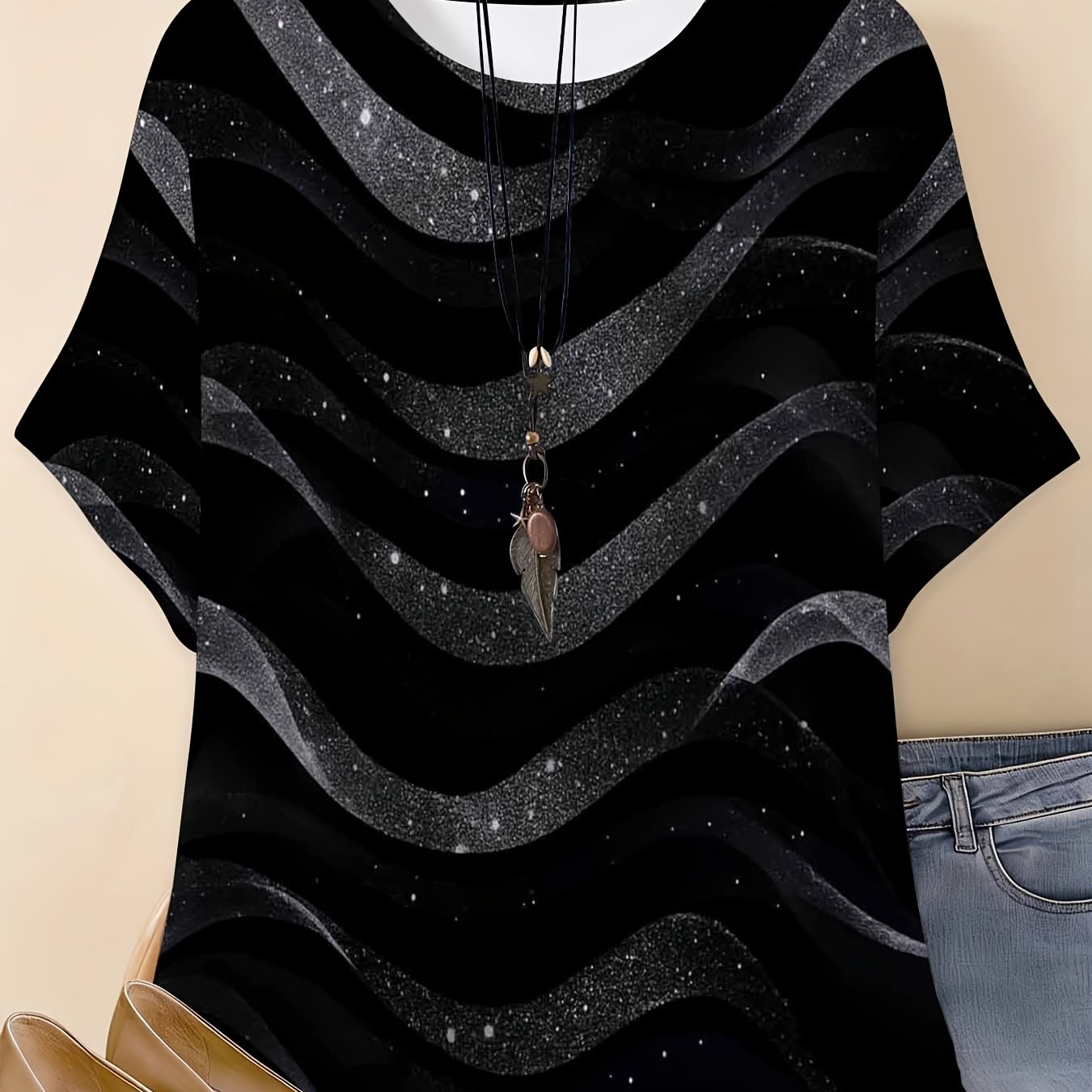TEMU Plus Size, Women's Plus Size Oversized Short Sleeve T-shirt - Black Glitter Wavy Pattern Round Neck -compatible Top | High-stretch Casual Loose