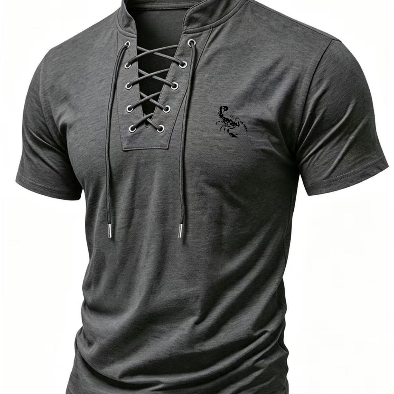 TEMU Nieuw heren T-shirt met korte mouwen uit 2026, heren T-shirt met vetersluiting en opstaande kraag, geschikt voor alle seizoenen, slim-fit casual