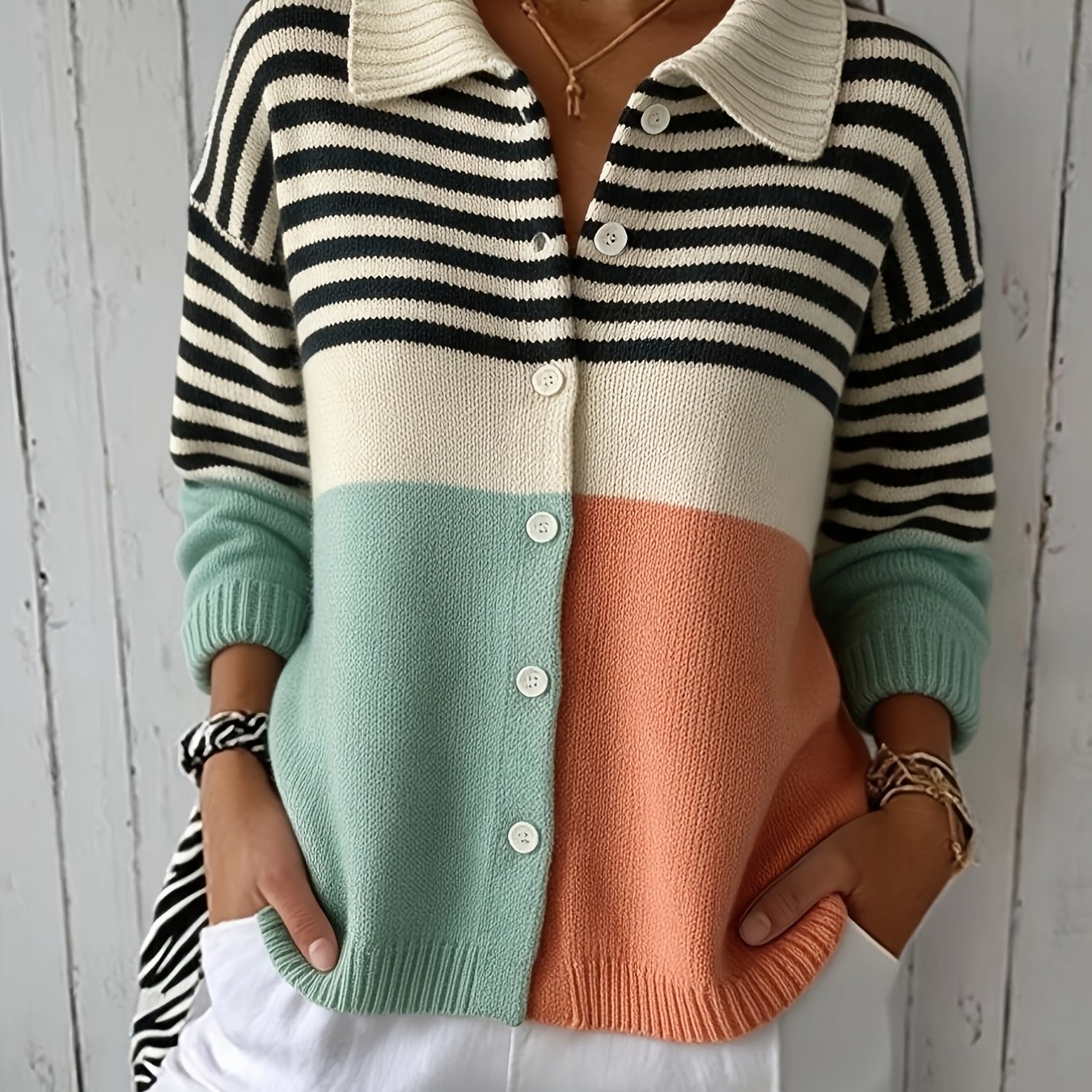 TEMU Cardigan tendance pour femme à rayures, de couleur et patchwork
