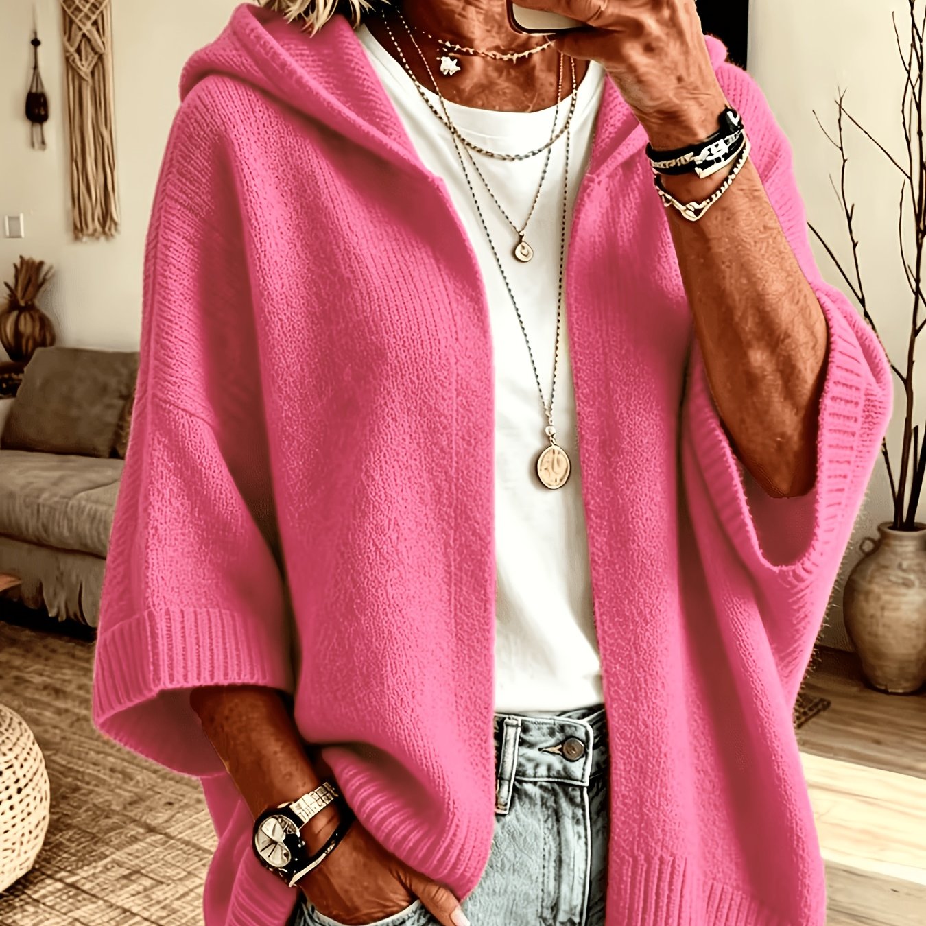 TEMU Women's Oversized Hooded Open-front Sweater, Front-opening Jacket, Elegant Casual Loose Fit Long-sleeve Outerwear, Soft Warm Lightweight Chunky