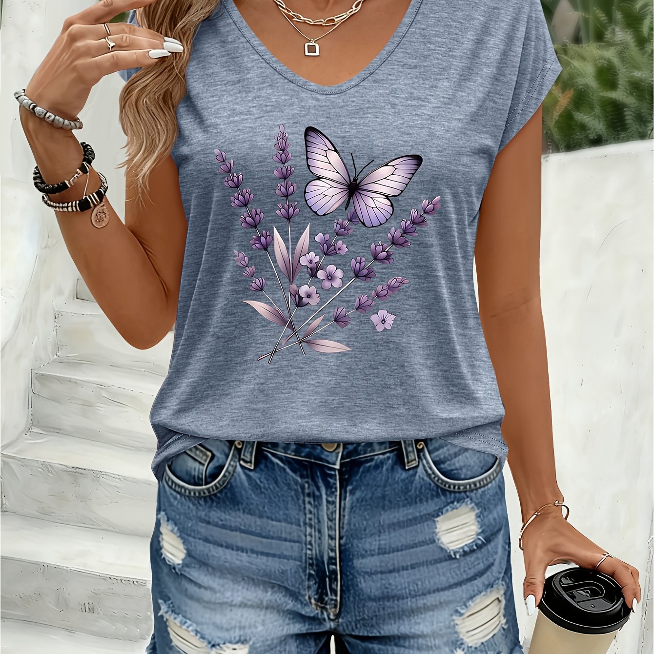 TEMU 1pc Printed Pattern Women's Colorful V-neck Cardigan T-shirt - Comfortable Spring And Summer Top, Machine Washable Regular Fit Shirt, Suitable