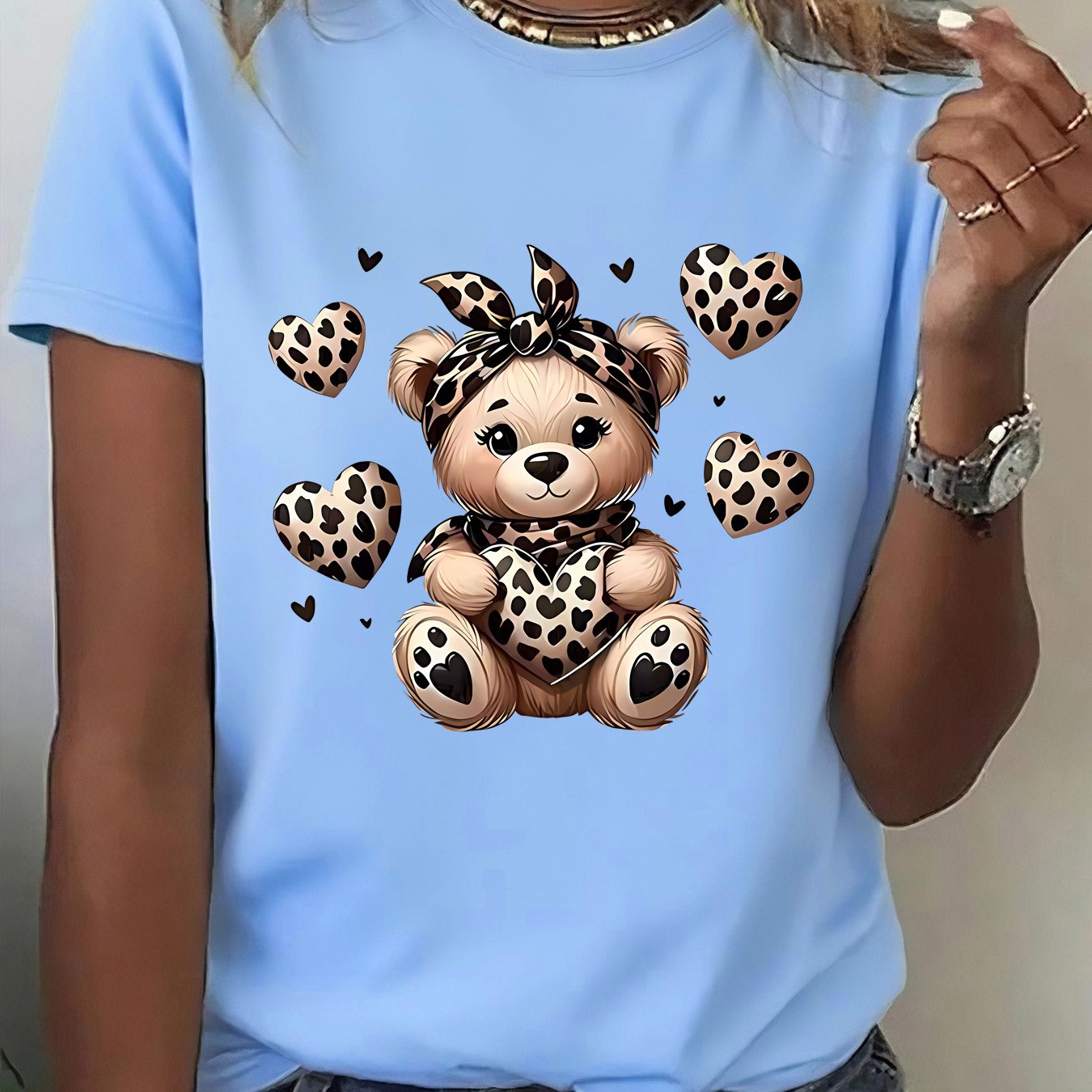TEMU 1pc Summer New Short Sleeve T-shirt - Vibrant And Beautiful Leopard Bear Print Short Sleeve T-shirt - Elegant Women's Clothing, Elegant Thin