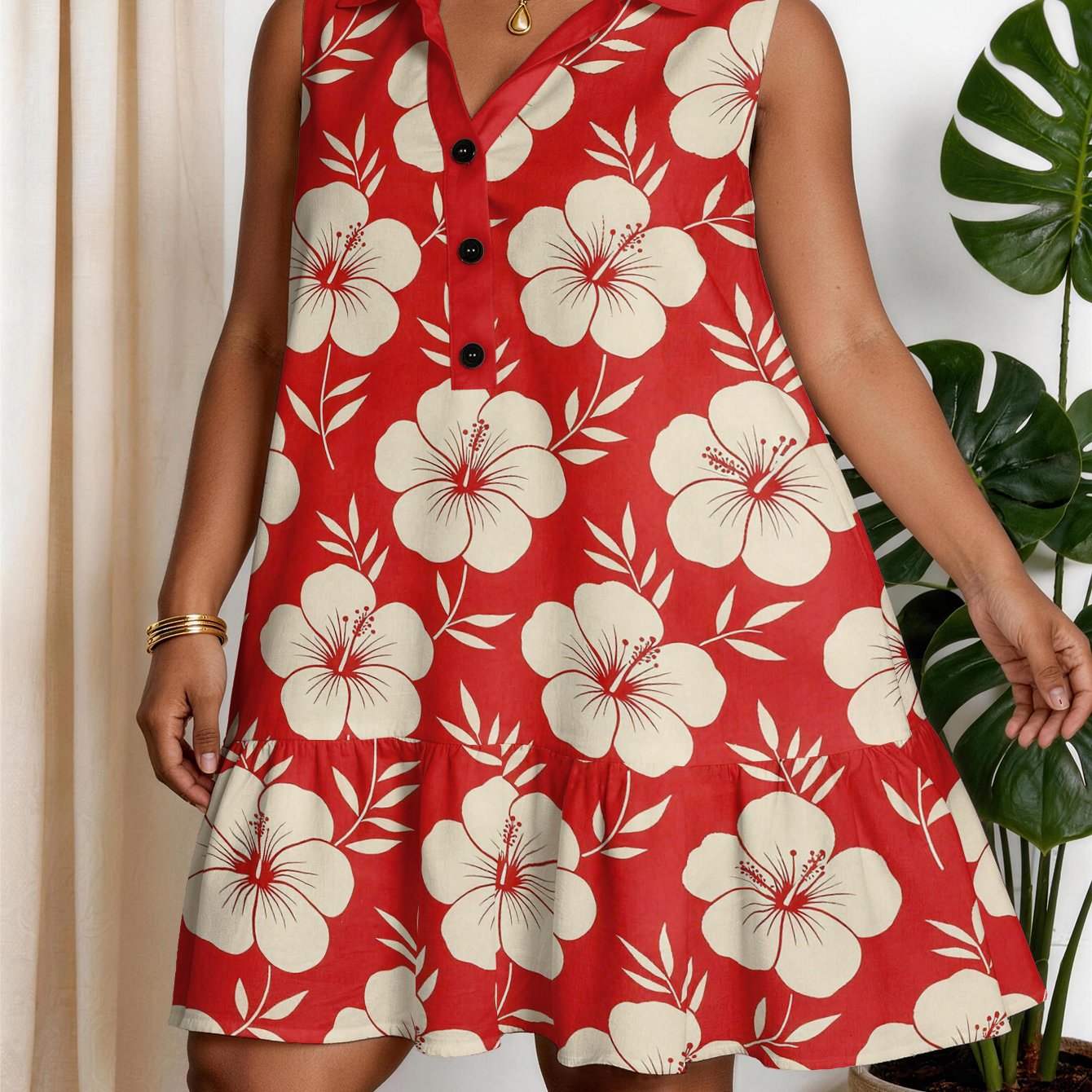 Plus Size Women Sleeveless Shirt Collar Mini Dress Hibiscus Floral Print Half Button V Neck Ruffle Hem Loose Swing Dress Summer Casual Lightweight Breathable Tunic Dress For Curvy Figure