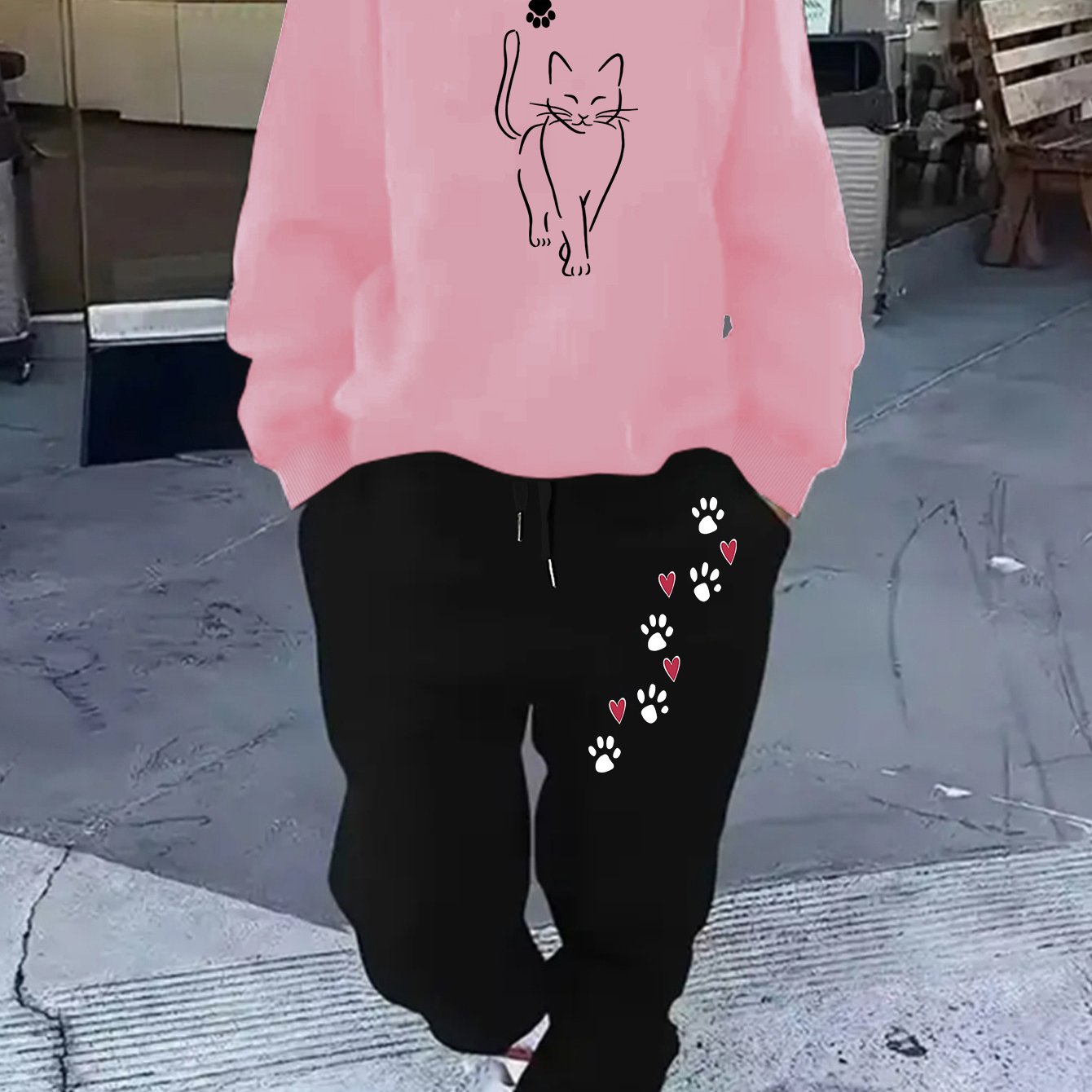 TEMU Cartoon Cat Print Women's Plus Size Suit, Autumn And Winter Long Sleeve Round Neck Sweatshirt And Pants Set, Casual Sportswear