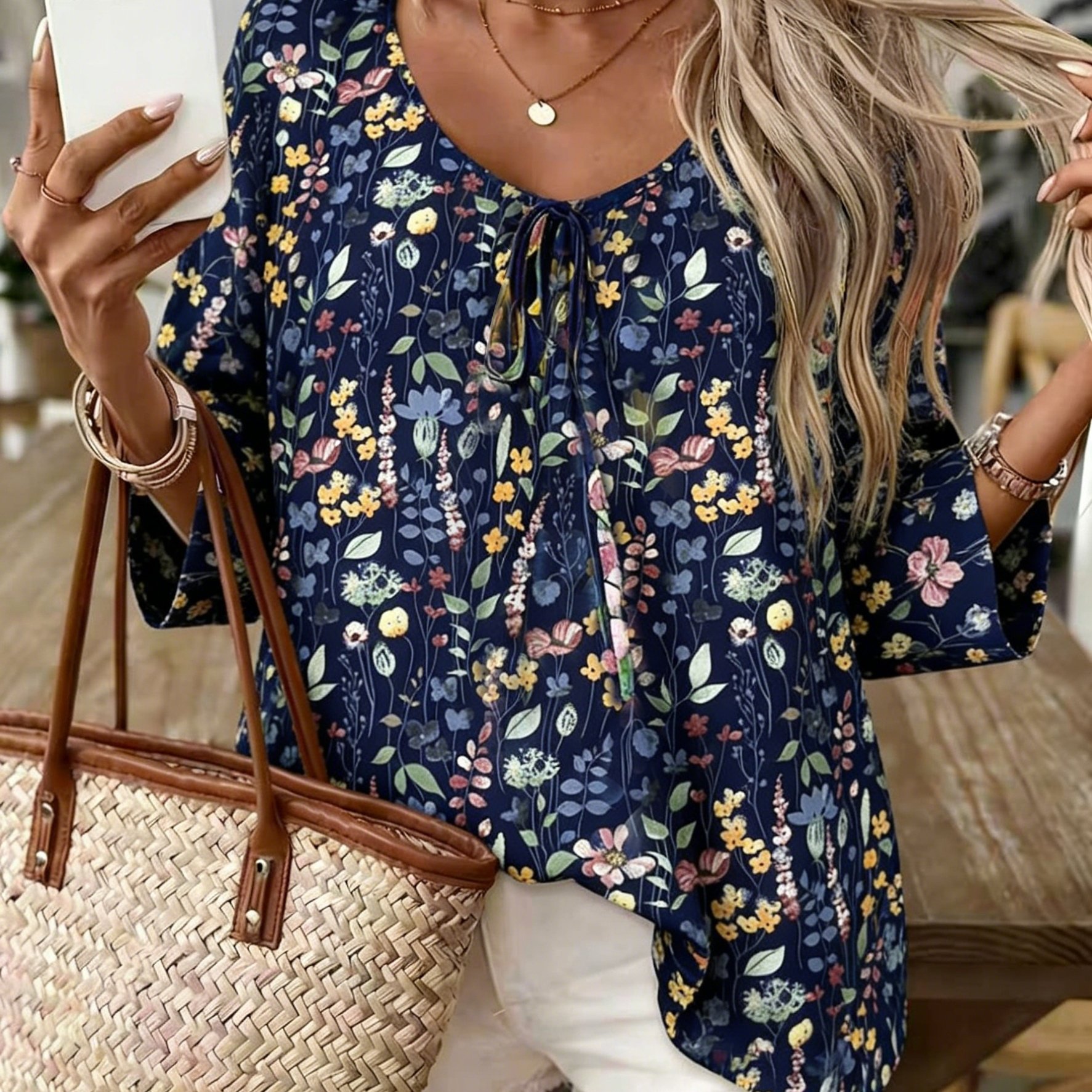 TEMU Plus Size, Women's Plus Size Casual Shirt With Knot Bow At Chest, Ruched Neckline, And Print