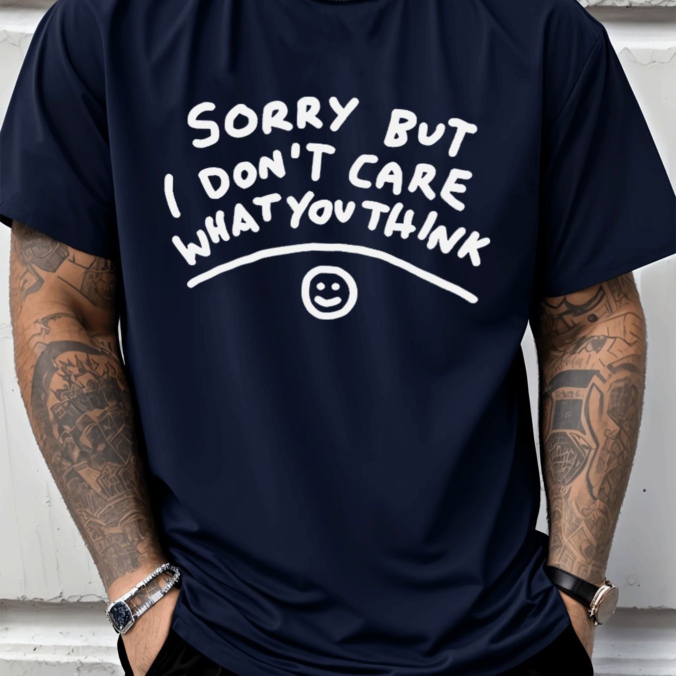 TEMU [printed Design - Not Textured] "sorry, But 't Care What You For " Text Print Face Graphic Crew Neck Short Sleeve T-shirt, Men's Fashion Style