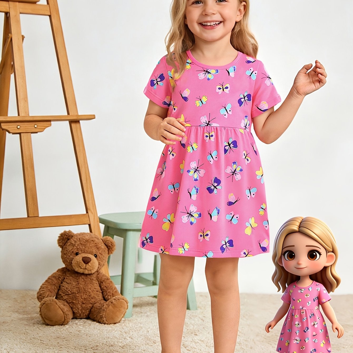 Image of Girls' Cute Print Princess Dress, Comfortable Casual Round Neck Pullover Dress For Girls