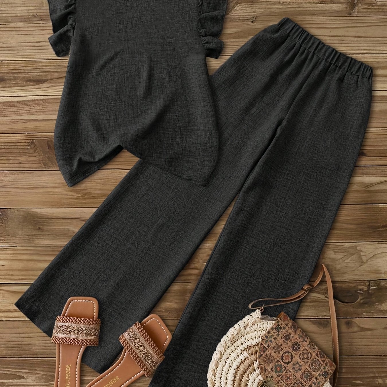 Image of Women's Elegant Asymmetrical Ruched Decor Puff Sleeve Cuffs Collar Shirt Stretch Waist Pants